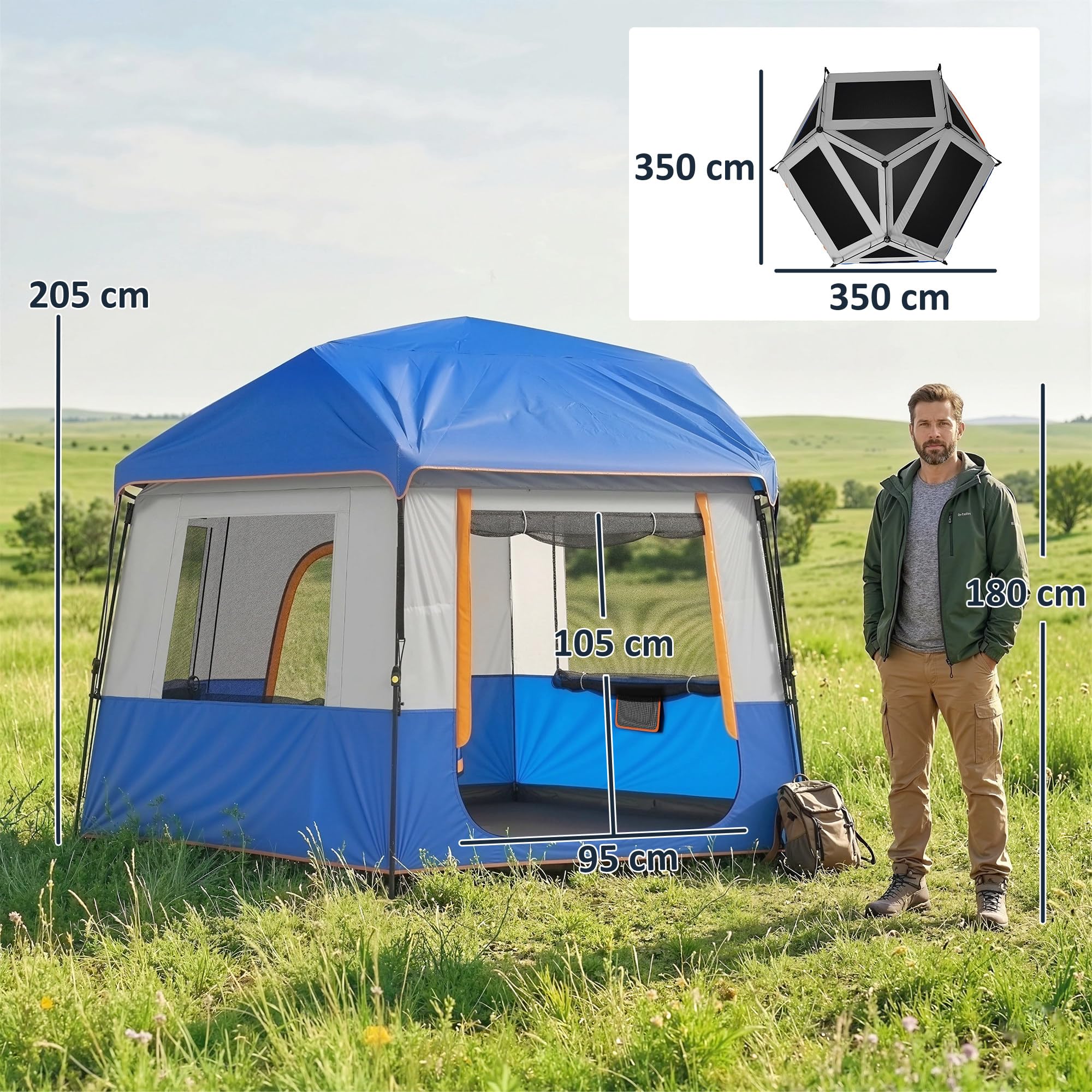 Outsunny Tente de camping pour 4 à 6 personnes, tente tunnel étanche 3000 mm avec couvercle supérieur amovible, protection UV30+ abri familial avec sac de transport