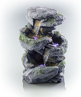 Alpine Corporation WIN582 Высокий открытый 3-х уровневый каменный фонтан-водопад со светодиодной подсветкой, 15