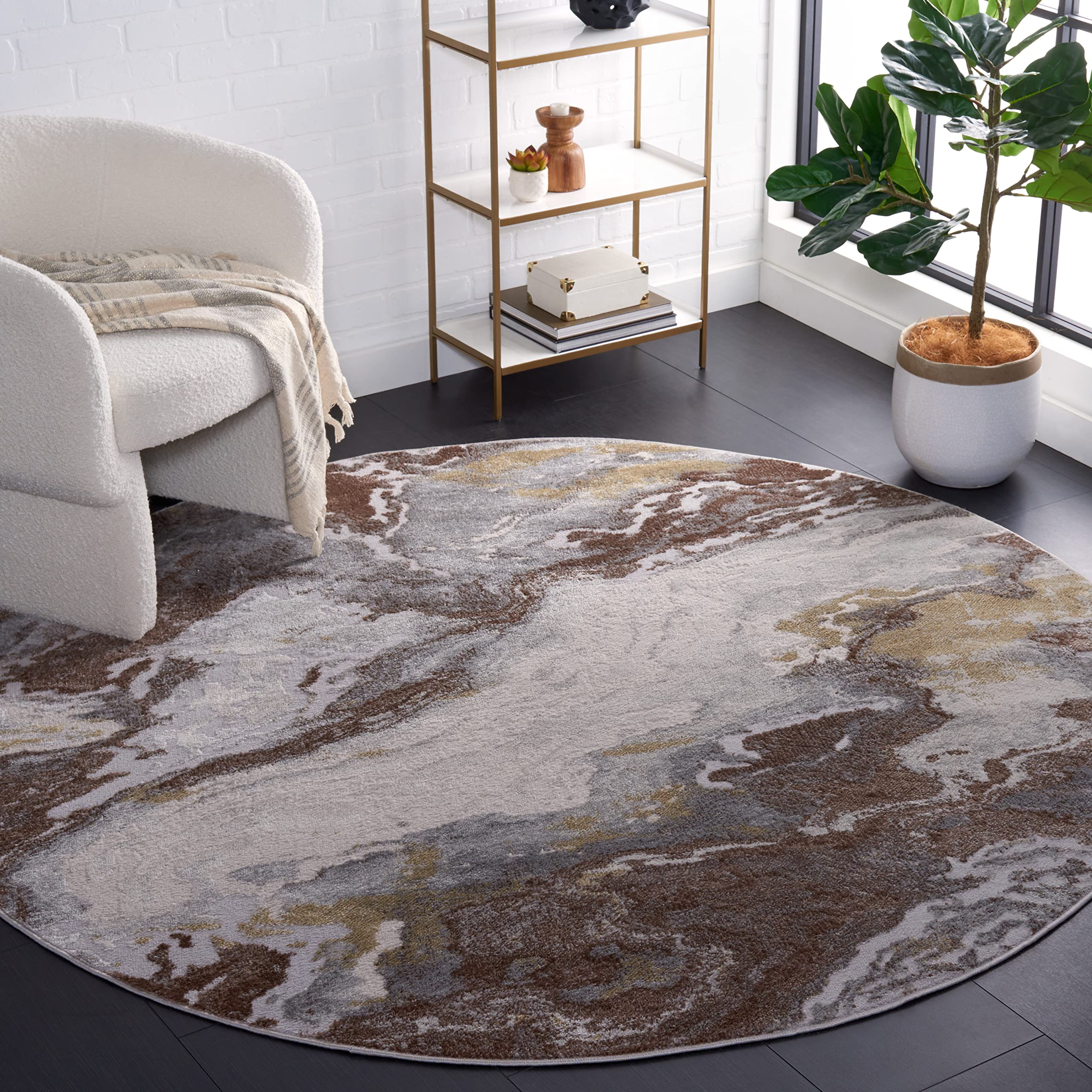 SAFAVIEH Palma Collection Area Rug - 6'7" Round, Beige & Brown, Modern Abstract Design, Non-Shedding & Easy Care, Ideal for High Traffic Areas in
