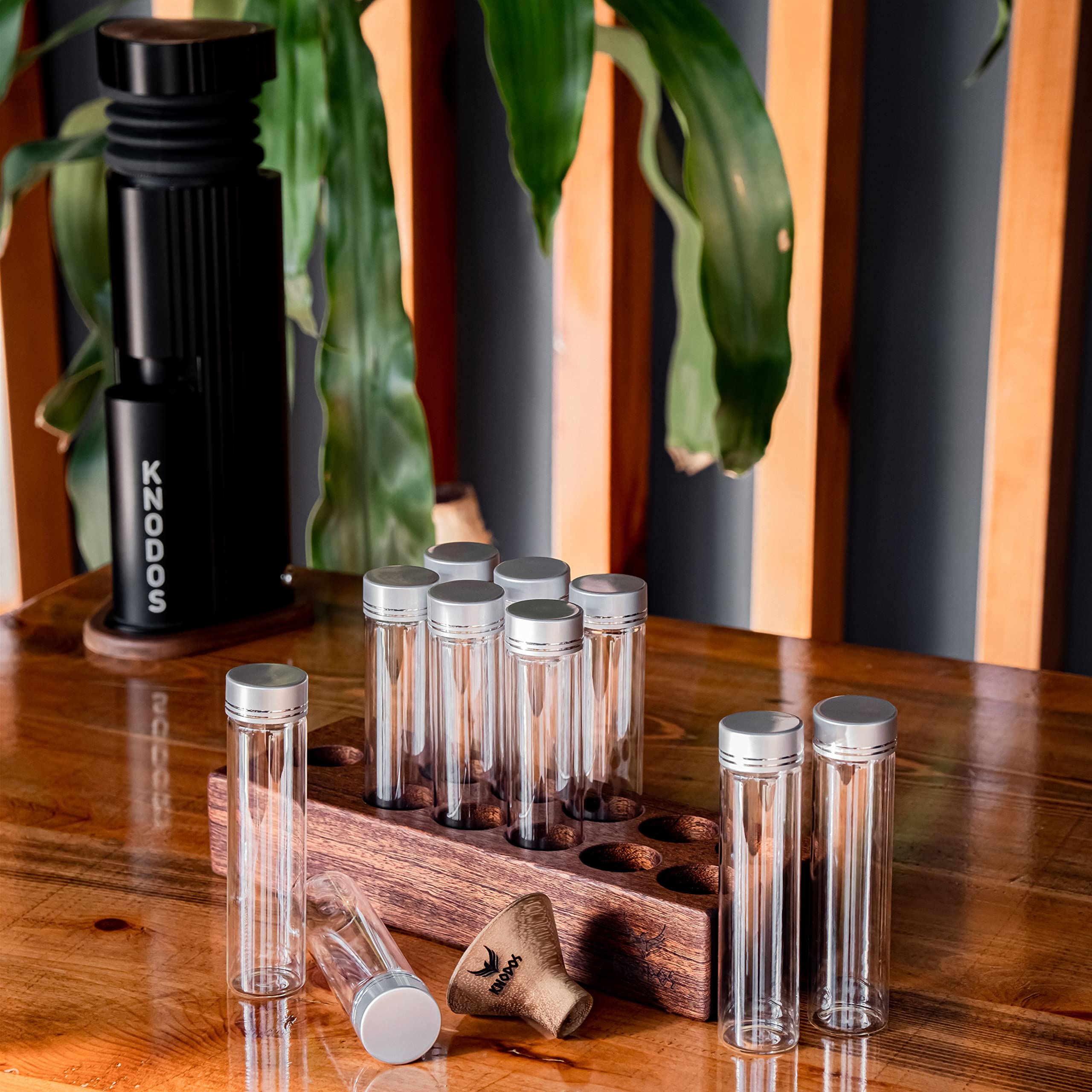 Single Dose Coffee Storage Tubes – 10 Glass Vials With One-Way Valves & Walnut Stand (2oz Each)