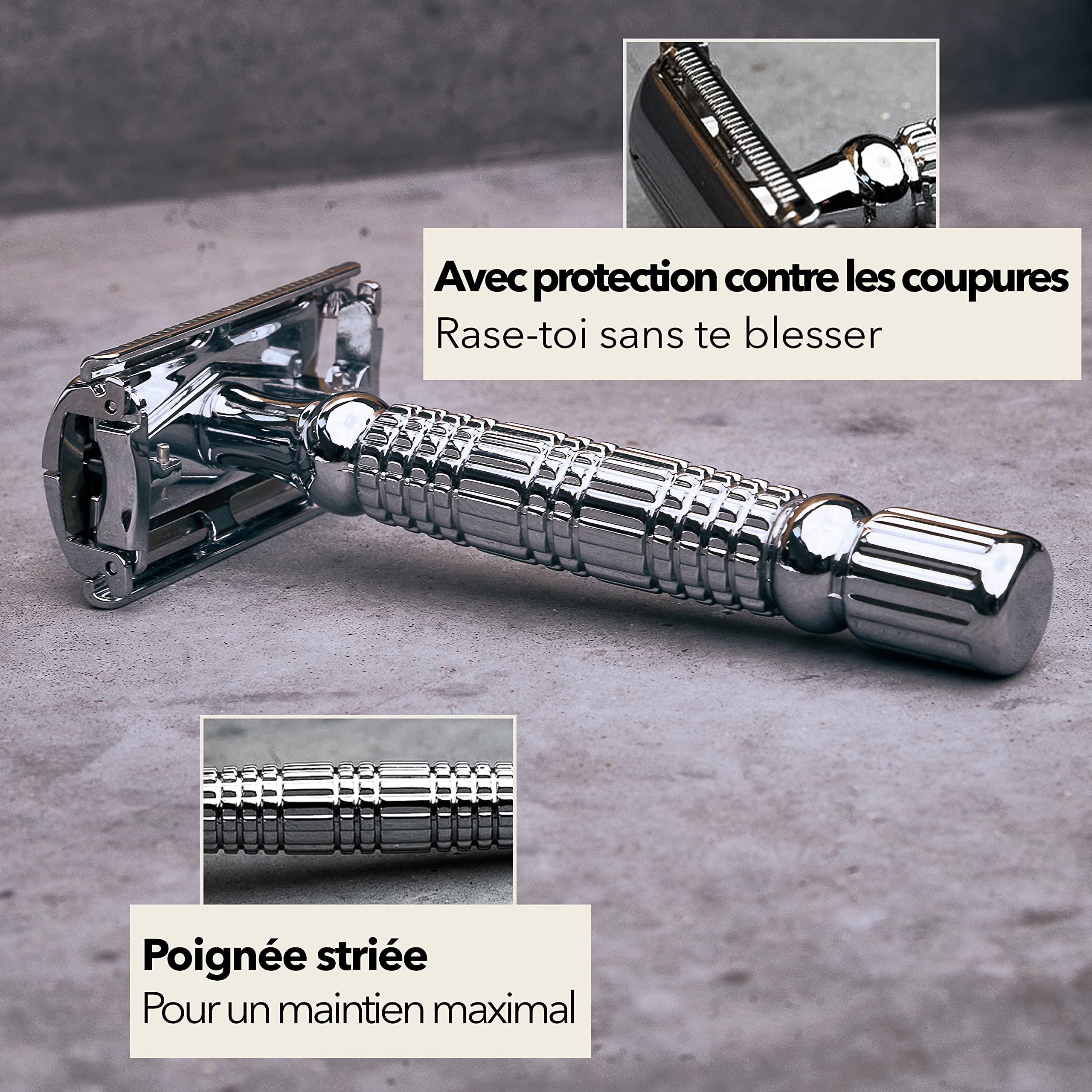 Störtebekker Rasoir de sûreté homme, étui cuir fait main - Set rasage, avec 10 lames de rasoir - Étui voyage et miroir intégré - Rasoir homme manuel - Rasoir homme (Argent - Café)