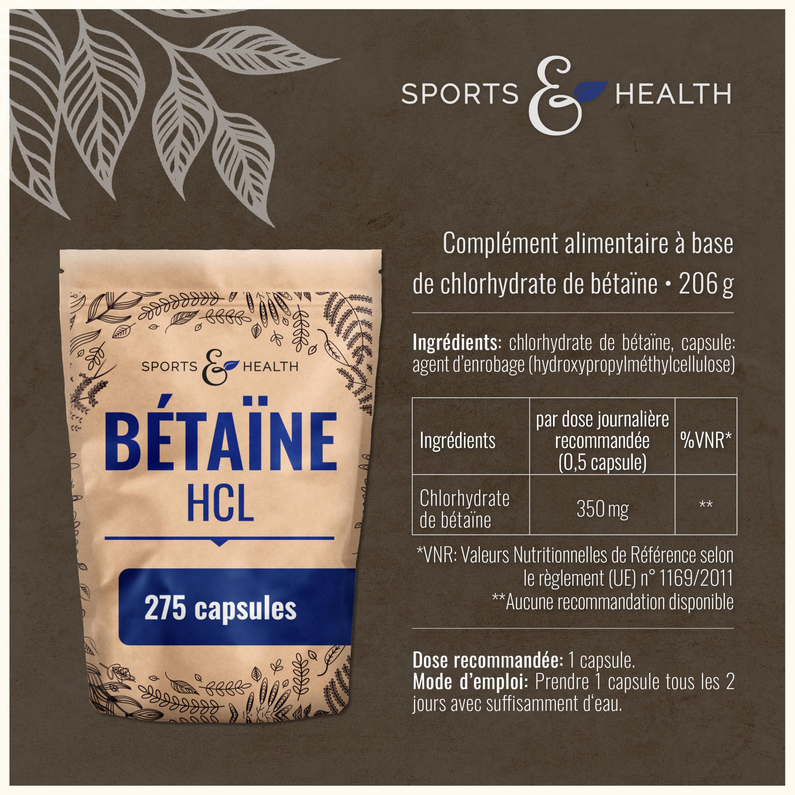 Gélules de bétaïne HCl – 275 gélules – 1400 mg par dose journalière – Bétaïne hydrochloride en poudre sous forme de gélules – Végan