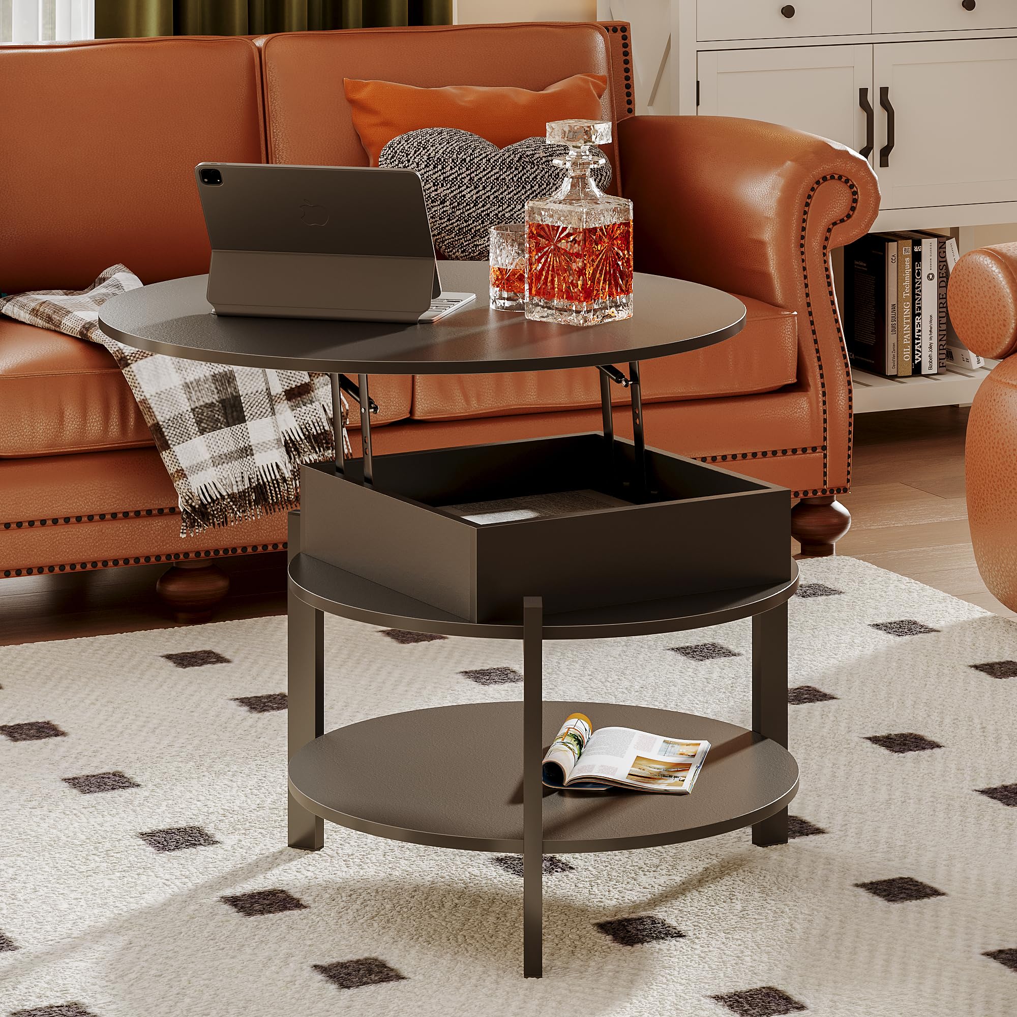 ChooChoo Round Coffee Table, Lift Top Coffee Table with Storage and Hidden Compartment, Small Coffee Table Dining Table for Living Room, Home Office, Black