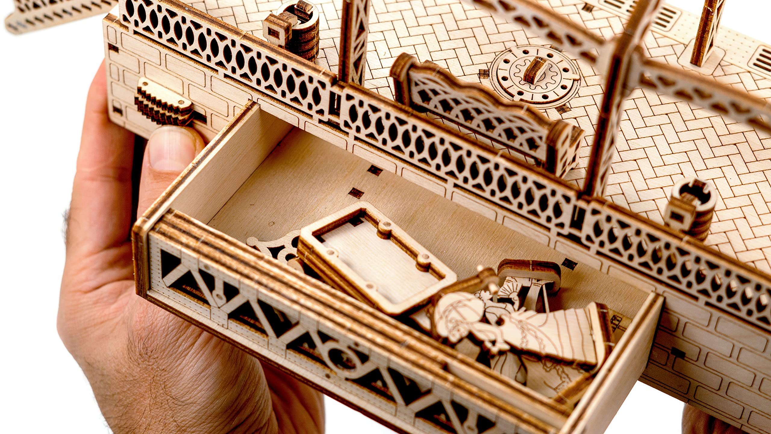Wooden.City Drewniany model zestaw do budowania - stacja kolejowa - mechanika - urodziny dla nastolatków i dorosłych - Puzzle 3D DIY Toy - Cięcie laserowe