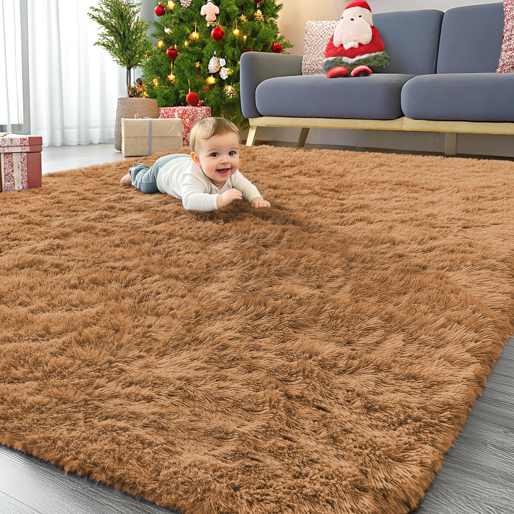 Photo 1 of OLANLY 8x10 Machine Washable Large Area Rugs for Living Room, Bedroom, Soft Fluffy Shaggy Bedside Rug, Indoor Floor Carpet for Kids Girls and Boys, Dorms, Nursery, Home Decor Aesthetic, Khaki