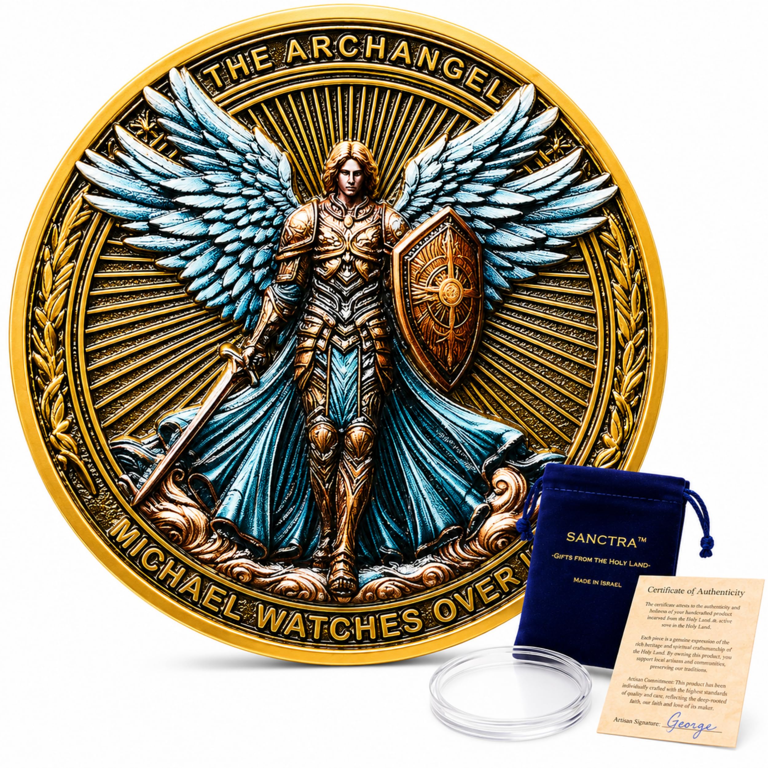Moneda de desafío del Arcángel Miguel, bendecida en Tierra Santa, Hecha a Mano, Salmo 91:10-11. Colección Religiosa con Estuche Protector. Original con Bolsa de Regalo y Certificado.