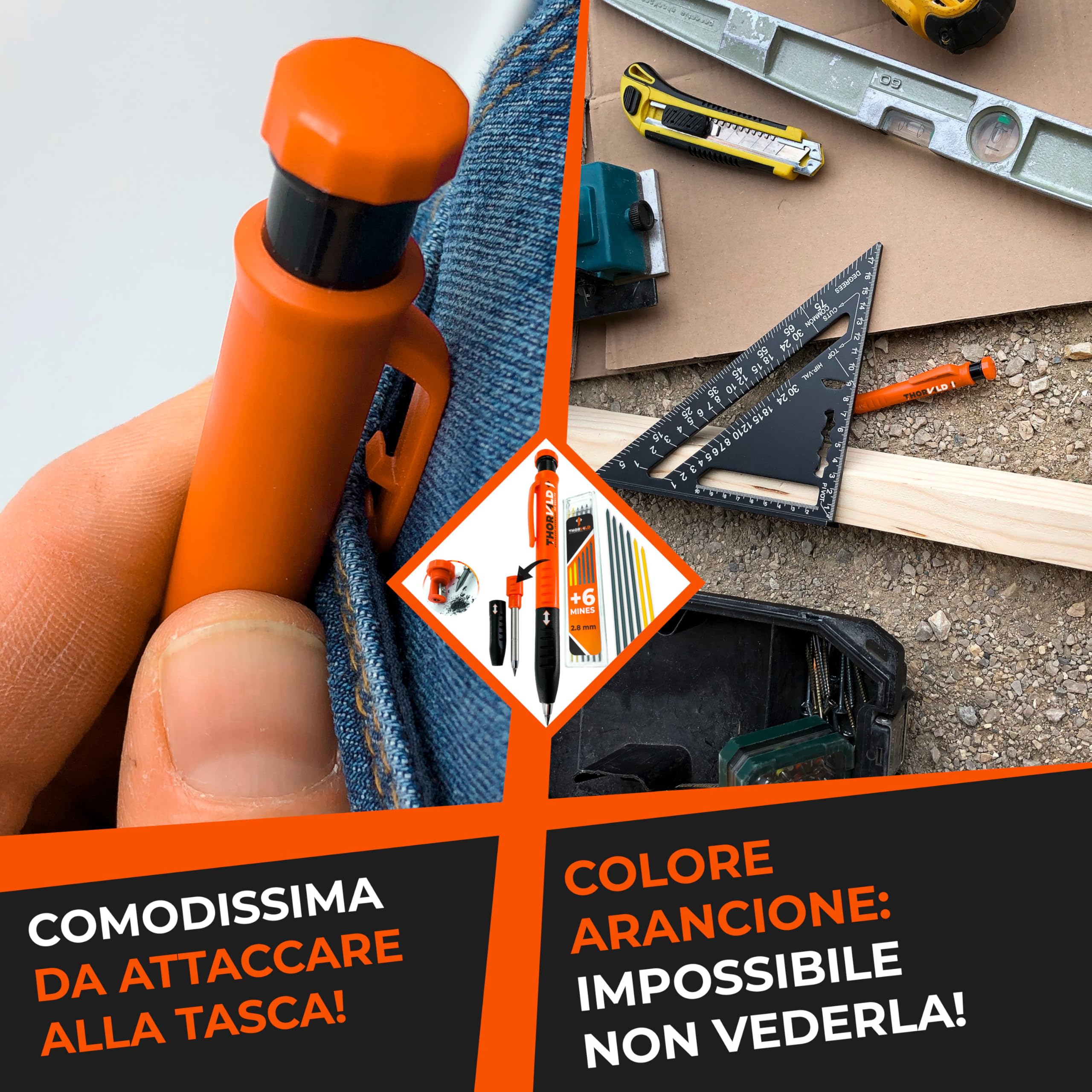THORVALD Matita da costruzione PRO ESTENSIBILE [+ Impugnatura facile da scrivere] Matita meccanica per falegname fai-da-te Tracciante per disegno Legno