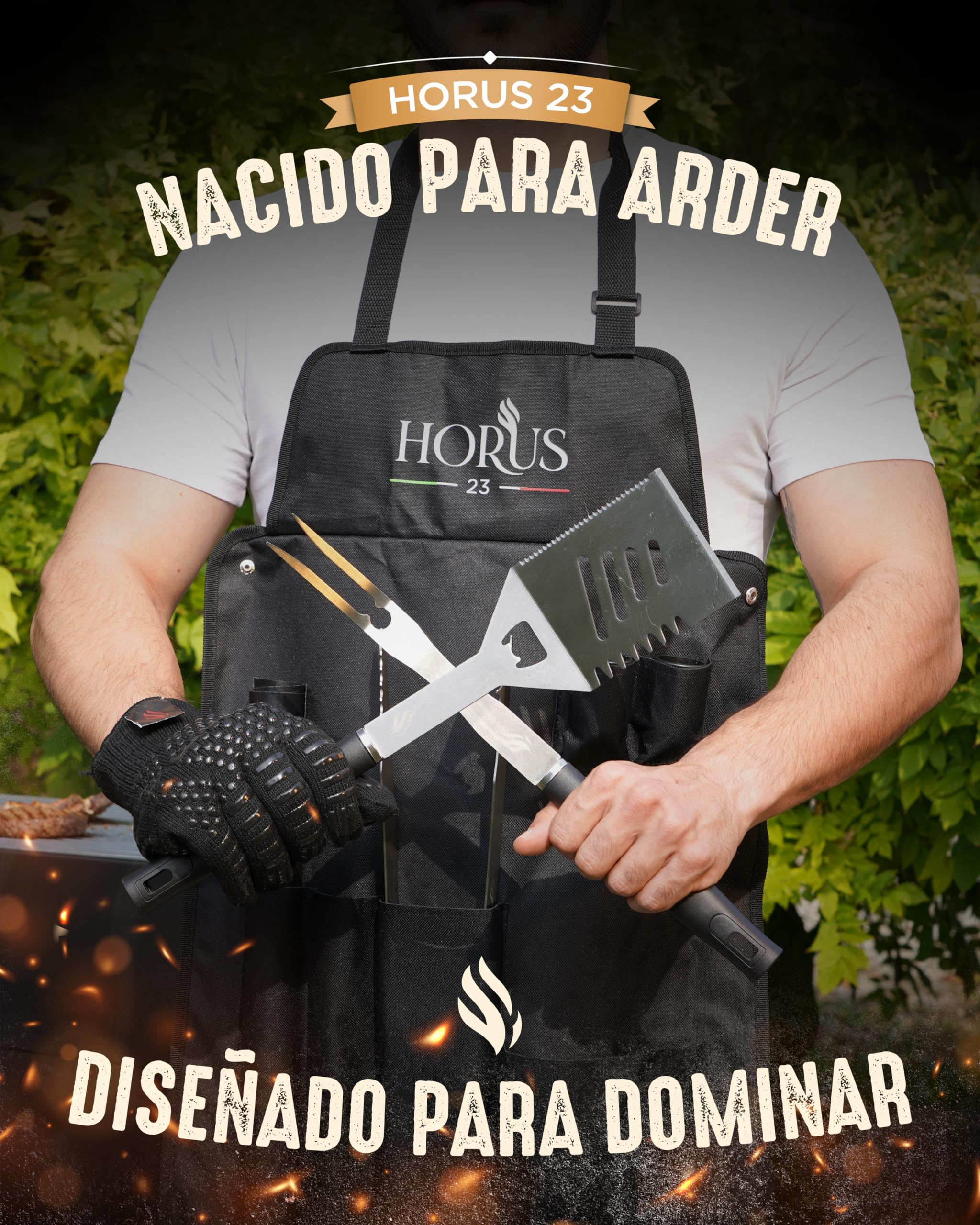 HORUS 23® - Kit Barbacoa con BBQ Accessories en Acero Inoxidable, Delantal Oxford con Bolsillos, Guante Ignífugo y Tapete para Parrilla