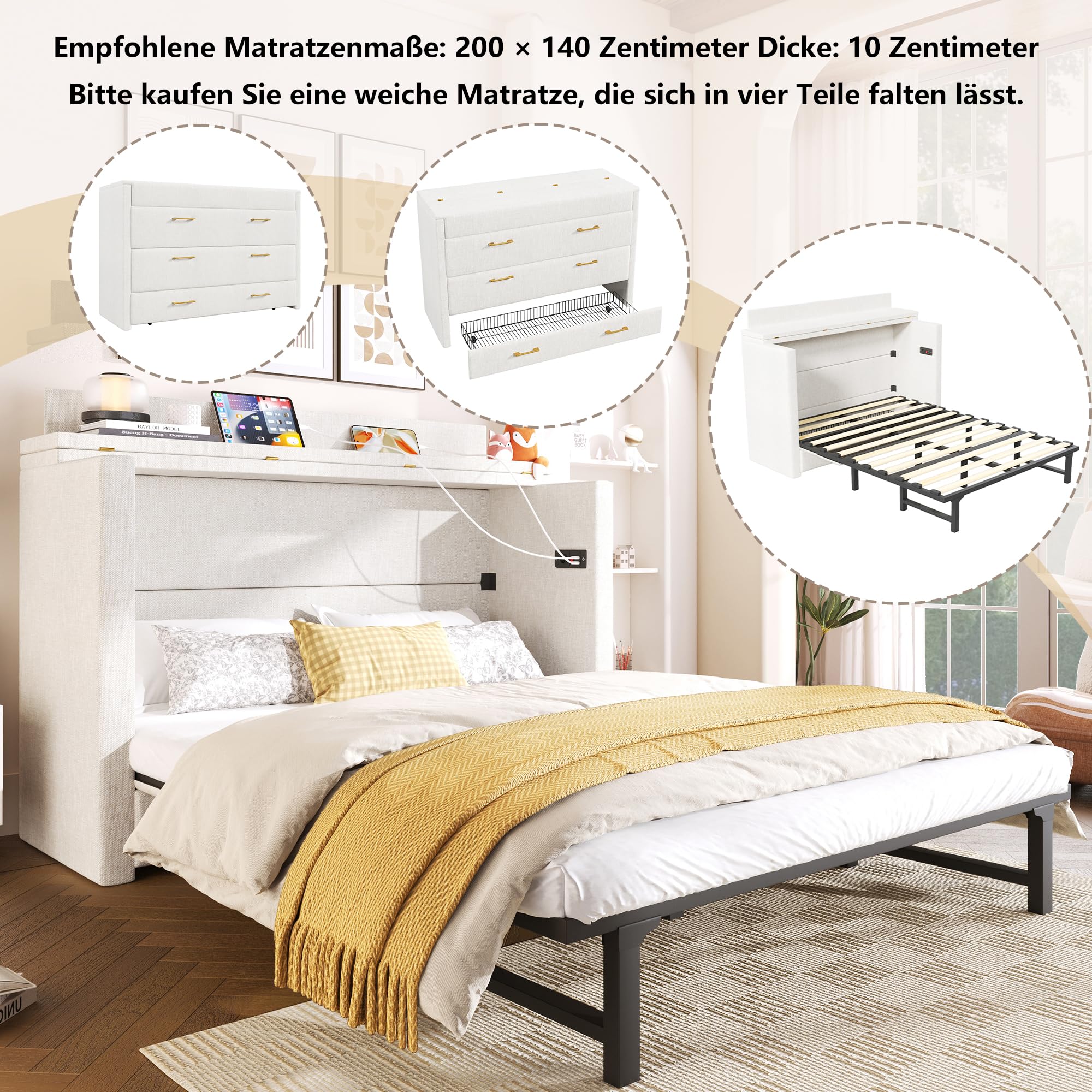 Armario cama de 140 x 200 cm, con un cajón, cama móvil con compartimento de almacenamiento junto a la cama, con conexiones USB y tipo C, cama con plataforma convertible, sin colchón, lino