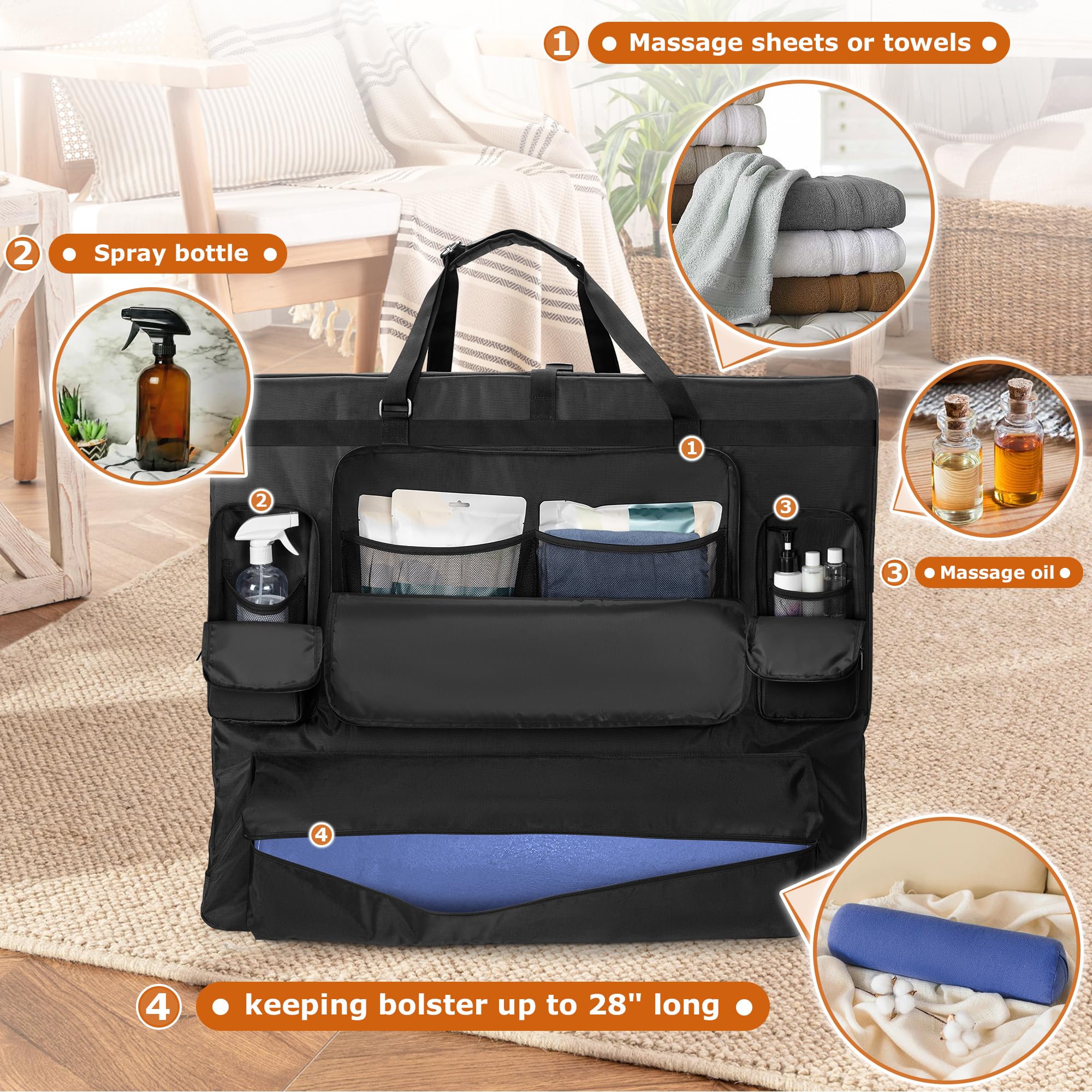 Luxja Bolsa para Camilla de Masaje Adapta Camilla de Masaje Plegable 24" a 30" de Ancho, Bolsa de Transporte para Mesa de Masaje con Bolsillos Accesorios, Negro
