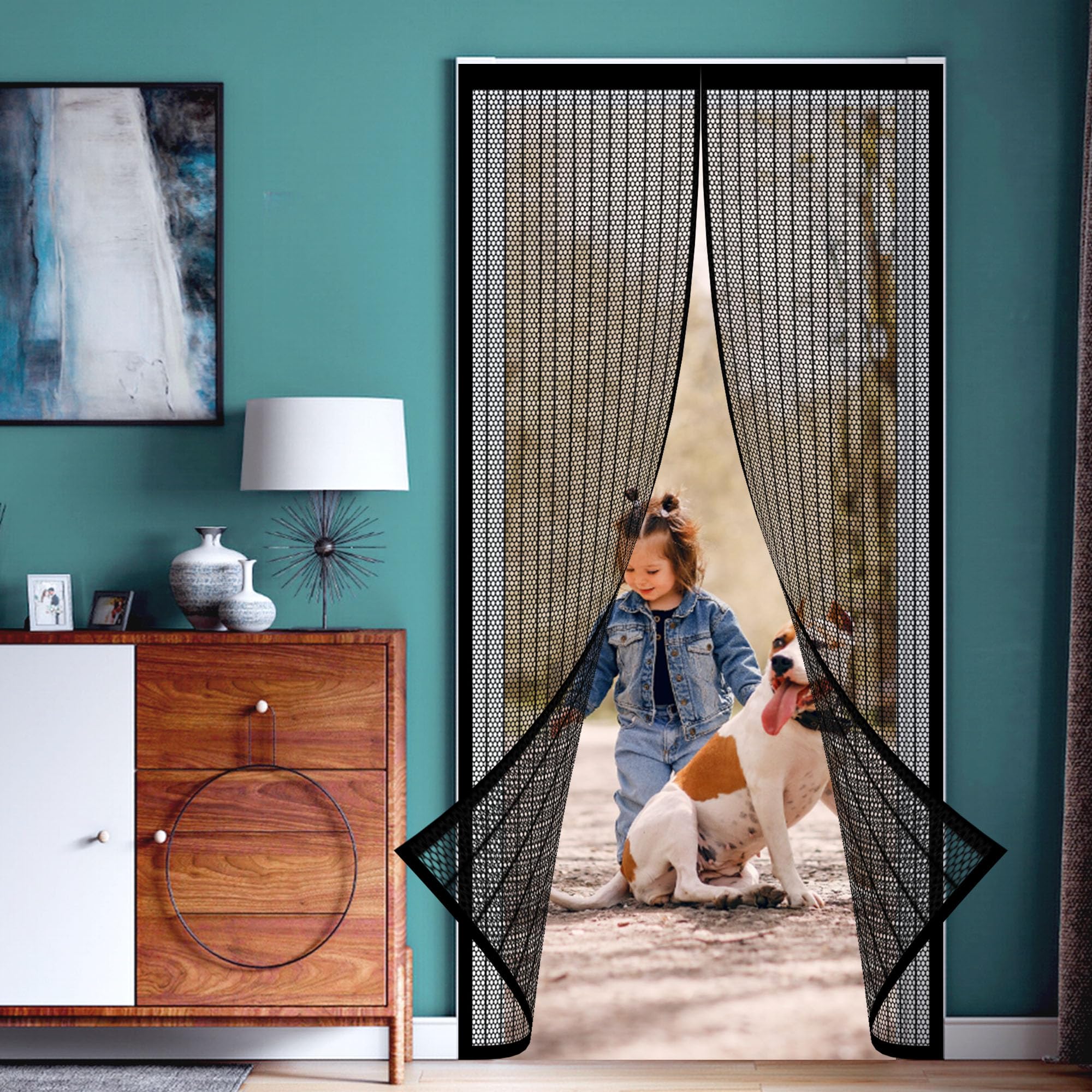 Fly Screens for Doors String 109 x 181 cm Anti Mosquito Mesh Curtain Without Drilling Easy Installation for Living Room, Bedroom, Black