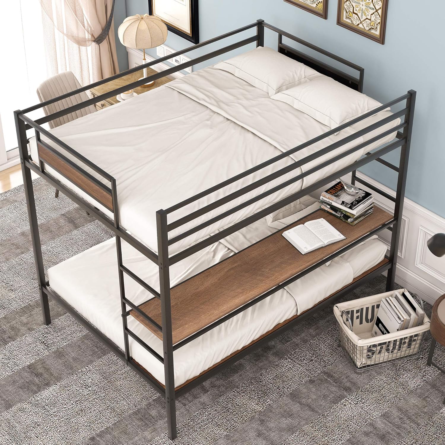 SOFTSEA Full Over Twin/Full Metal Bunk Bed, Bed Frame with Storage Shelves for College Bedroom Kids Teens