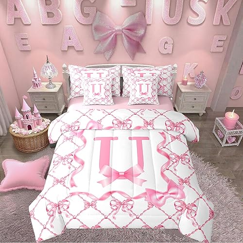 Erosebridal 7Pcs Pink Bow Comforter Set with Sheets Aesthetic Monogrammed Bowkno