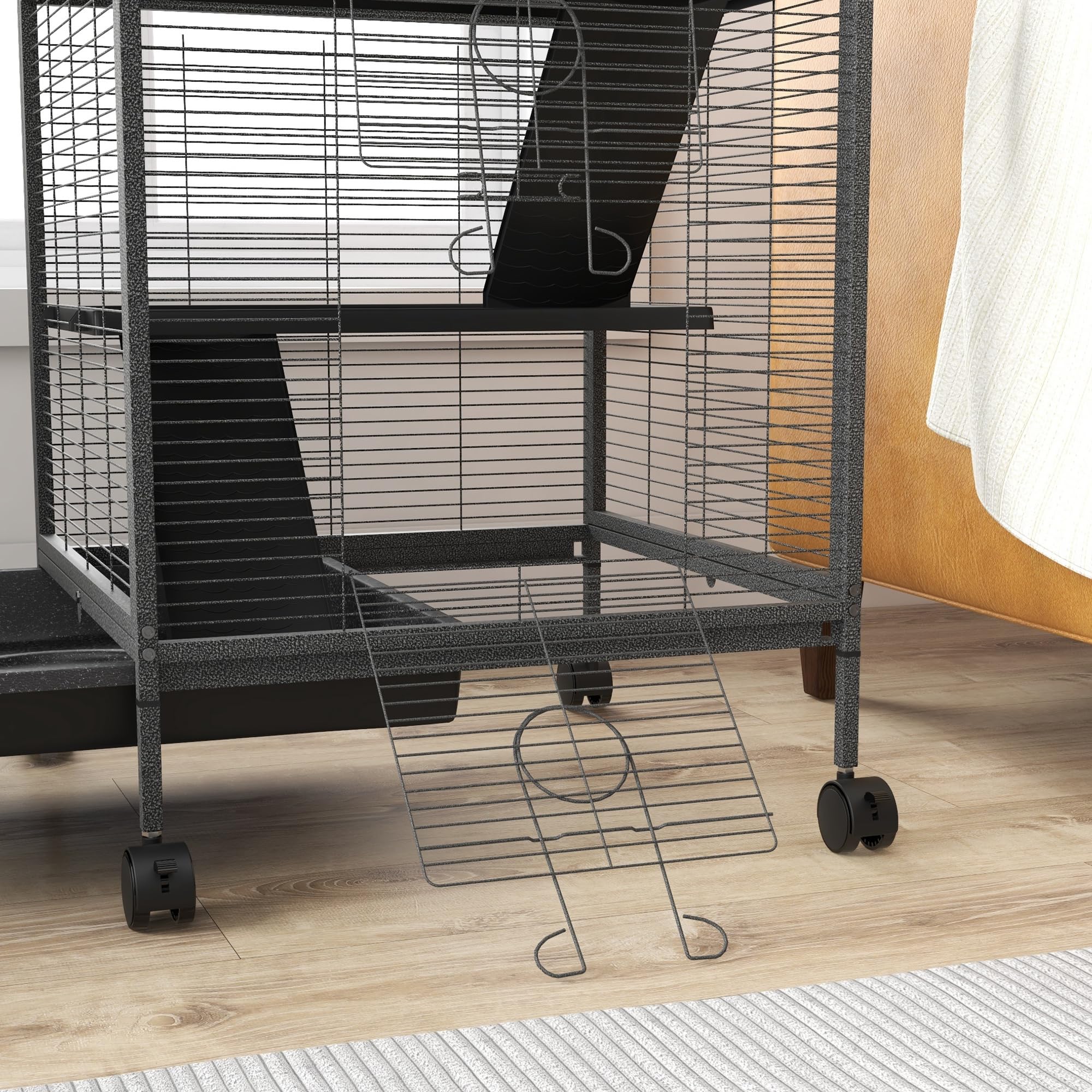 PawHut Jaula para pequeños roedores de acero, jaula para cobayas y chinchillas con 3 pisos, 4 ruedas, hamaca y bandeja extraíble, 52 x 52 x 113,5 cm, gris