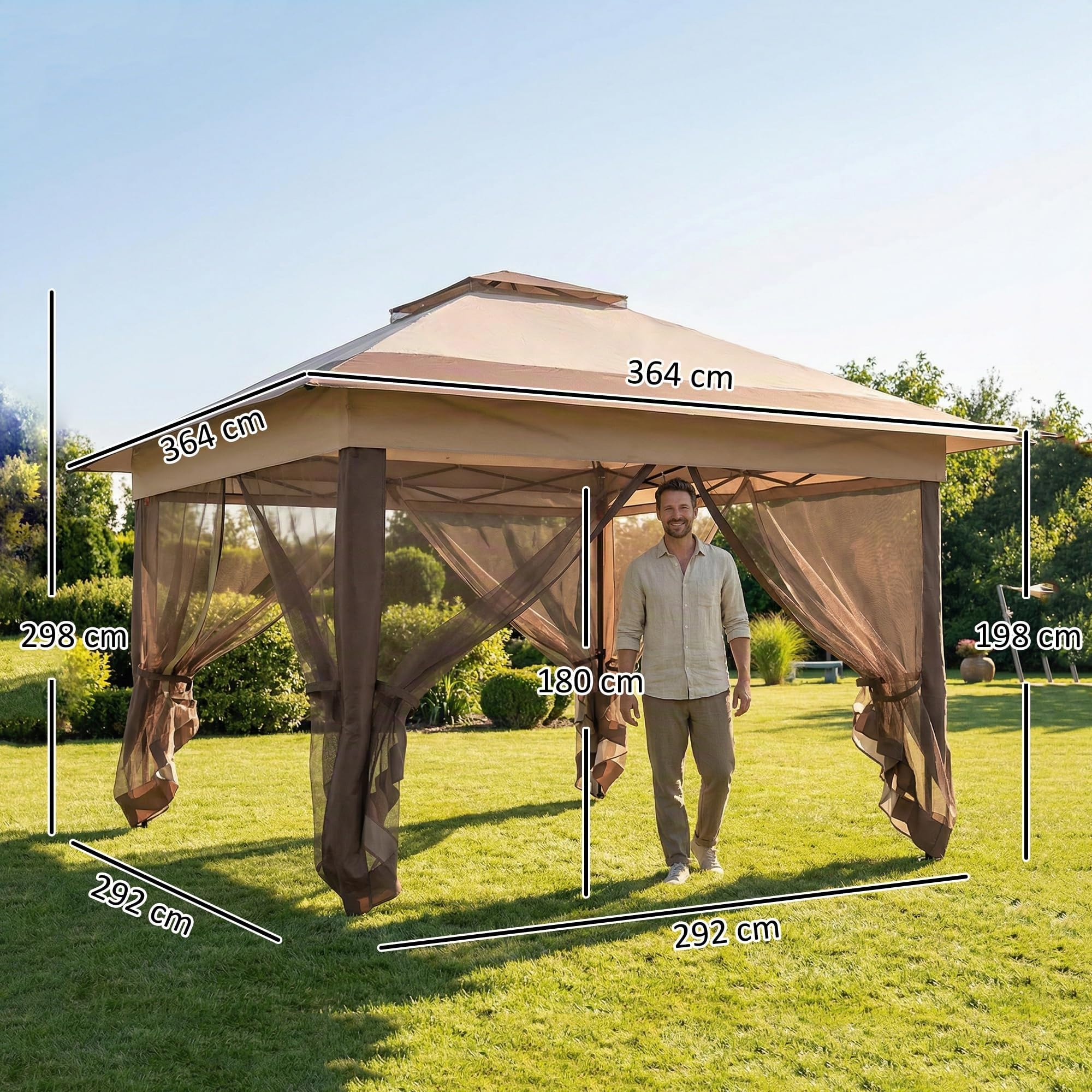 Outsunny Tonnelle de Jardin Extérieur Pliante 3,6x3,6m Kaki Marron