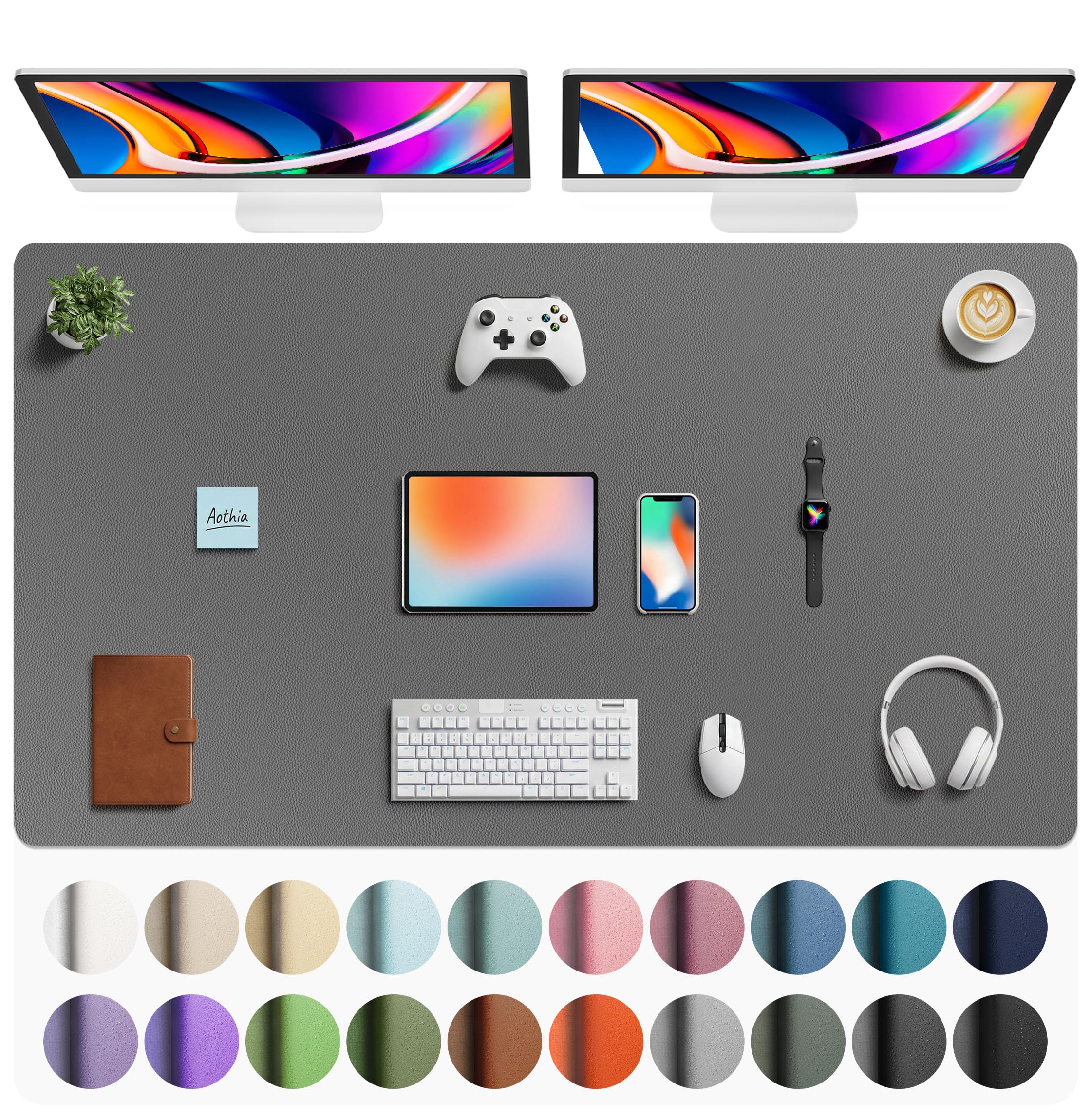 Aothia Faux Leather Desk Mat - Large Mouse Pad, Non-Slip PU Leather Blotter, Waterproof Writing Surface for Office and Home (Grey, 63" x 24")