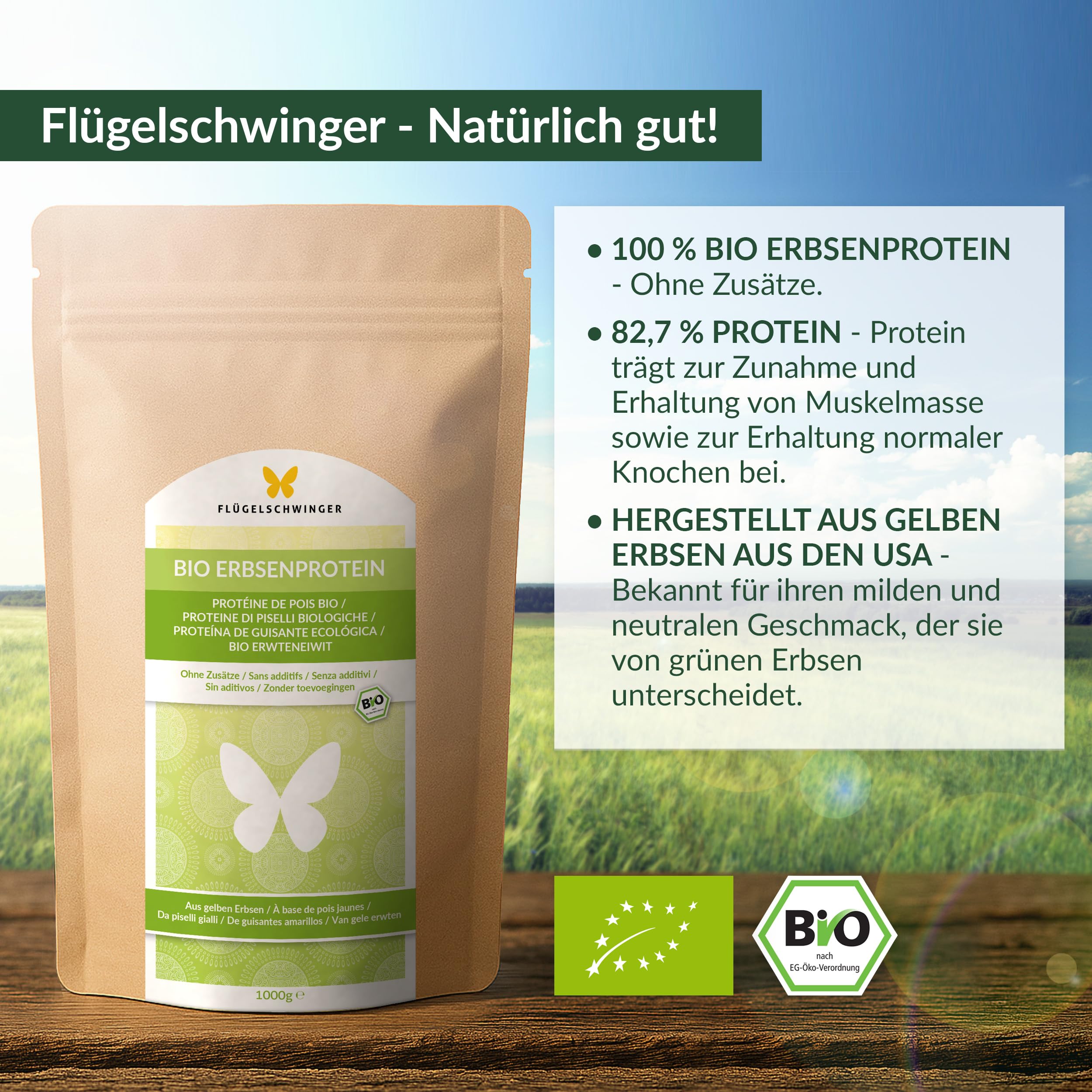 1kg BIO Erbsen Protein aus geschmacksneutralen, gelben Erbsen, von Natur aus vegan, ohne Soja