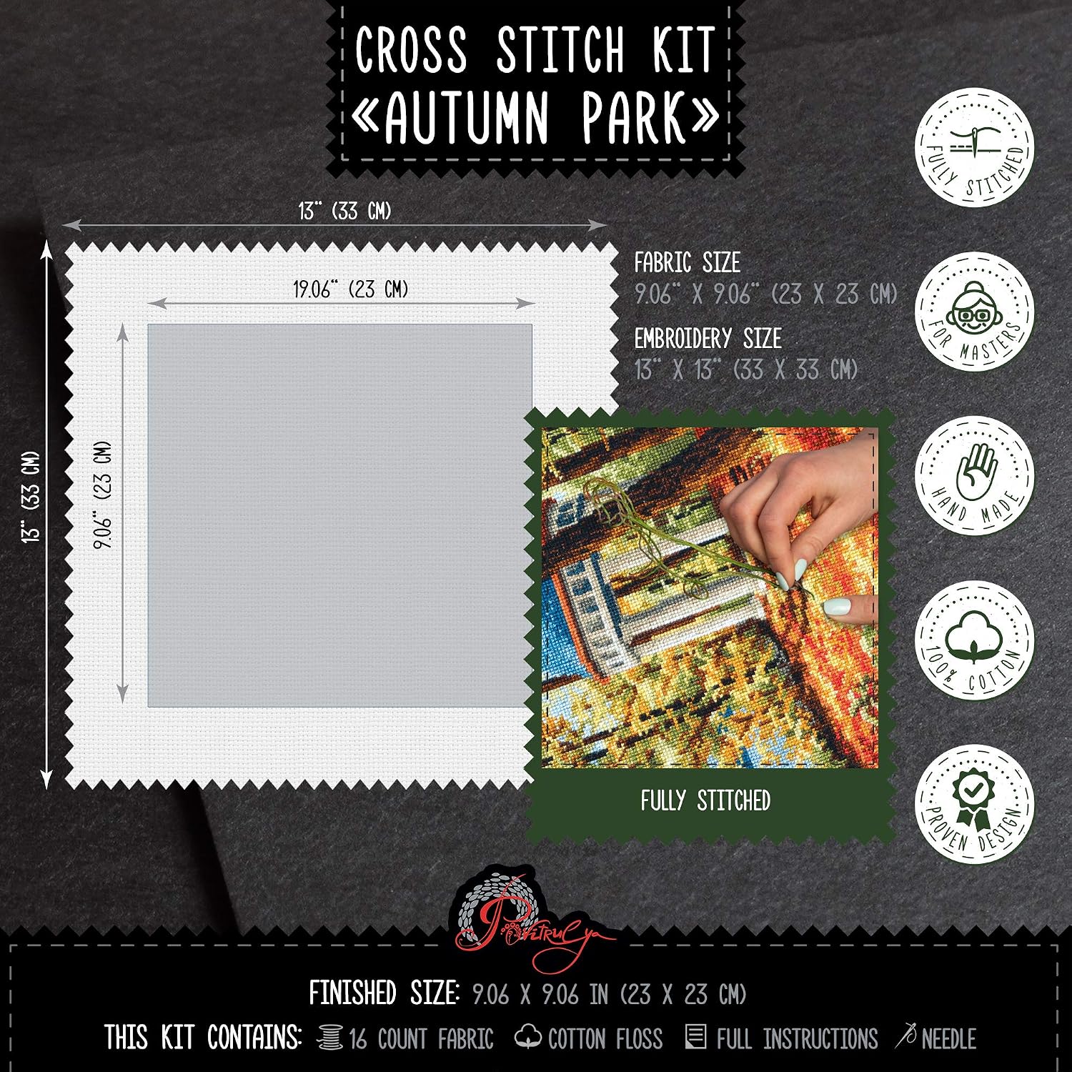 Povitrulya Counted Cross Stitch Kit 'Autumn Park', 9.05" x 9.05", DIY Embroidery Set for Adults with Landscape Pattern, 16 Count Aida, Pre-Sorted Floss and Color Block Pattern