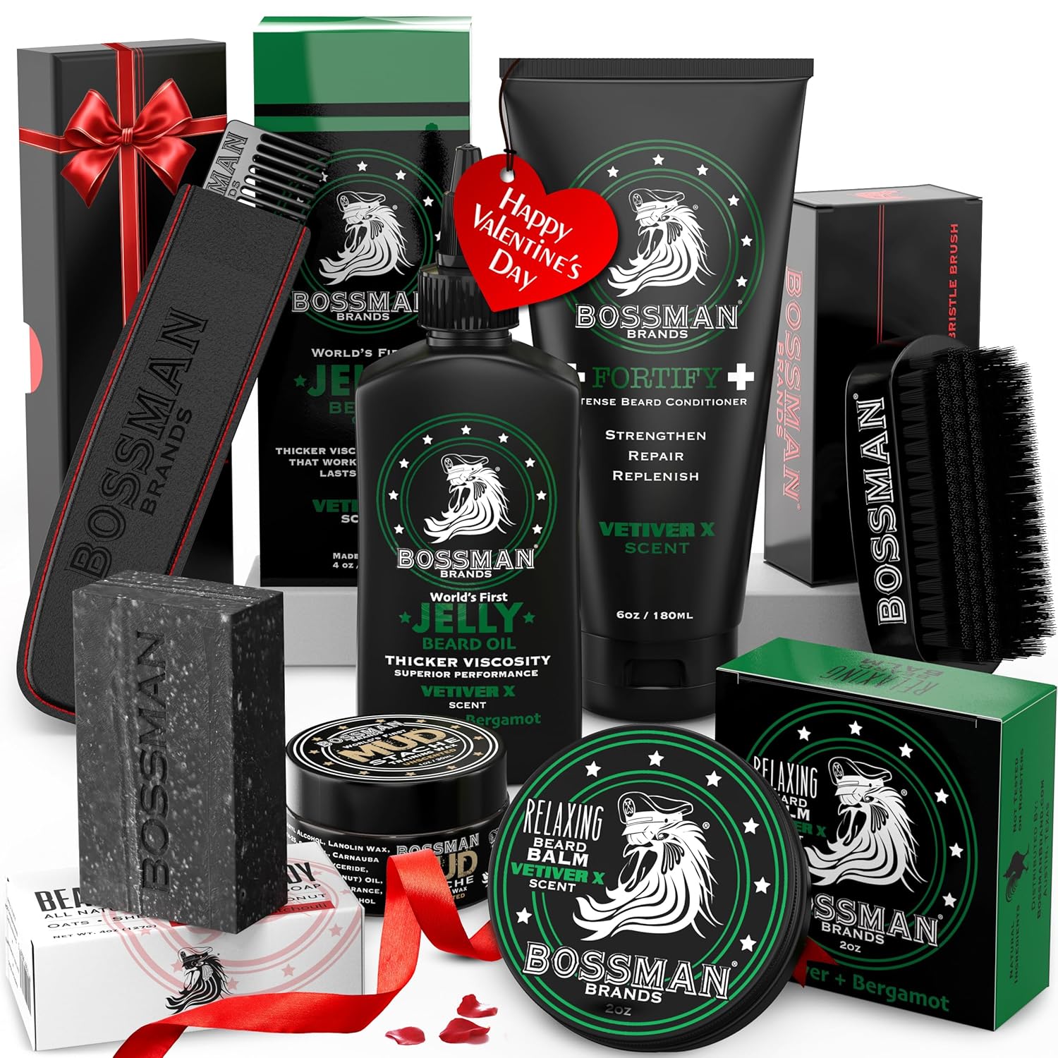 Bossman Big Boss Beard Care Kit for Men - 7 Piece Beard Grooming Kit with Jelly Beard Oil, Beard Conditioner, Beard Balm, MUDstache Wax, Bar Soap, Metal Comb, Brush - Gift Set for Men (Vetiver X)
