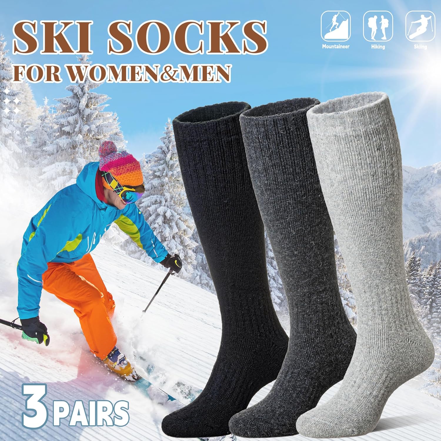 Eocom Unisex Merino Wool Ski Socks Thermal Warm Winter Thick Knee High Long Snowboarding Boot Socks for Women Men 3 Pairs - Image 2