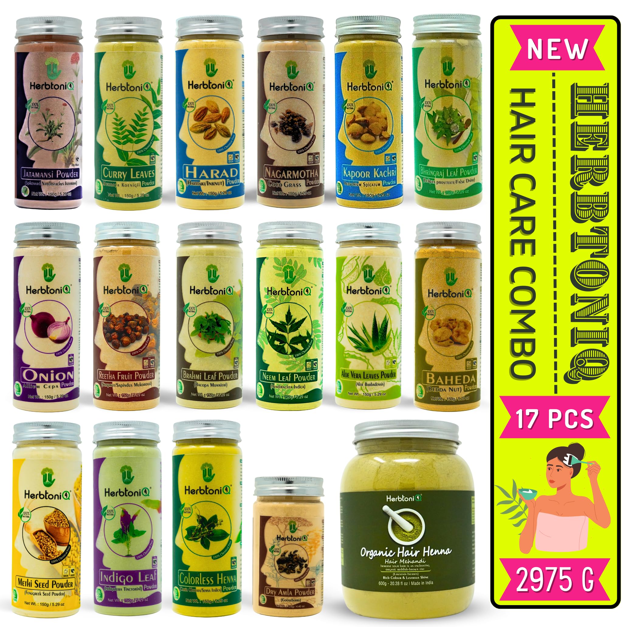HerbtoniQ 100% Natural Organic Herbal Hair Powder Set - 17 Botanical Products for Holistic Hair Care - 2975g Total - Hair Growth, Dandruff Control, and More