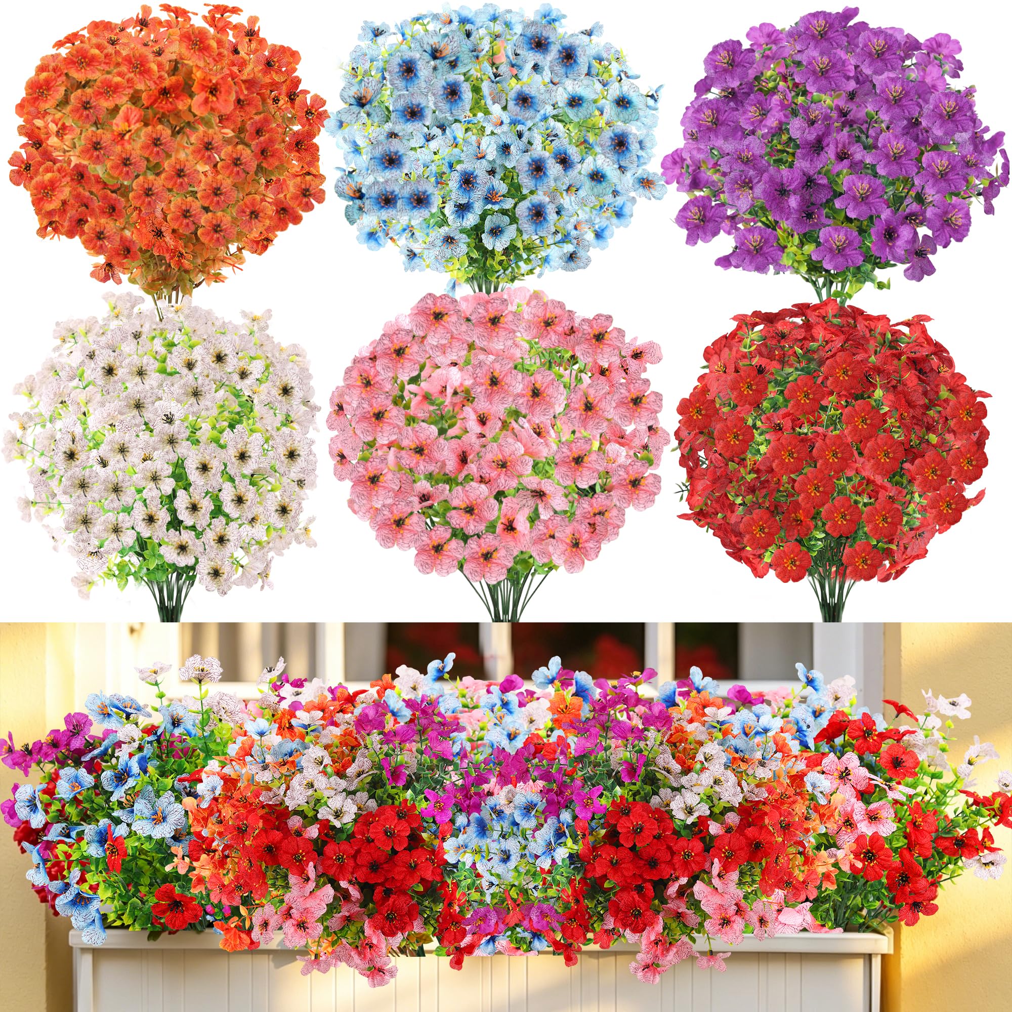 12 Bundles Artificial Flowers Outdoor, 6 Colors UV-Resistant Artificial Flowers, No Fade Plastic Faux Plants for Indoor Outside Garden Porch Window Box Farmhouse Wedding Decoration Hanging Planters