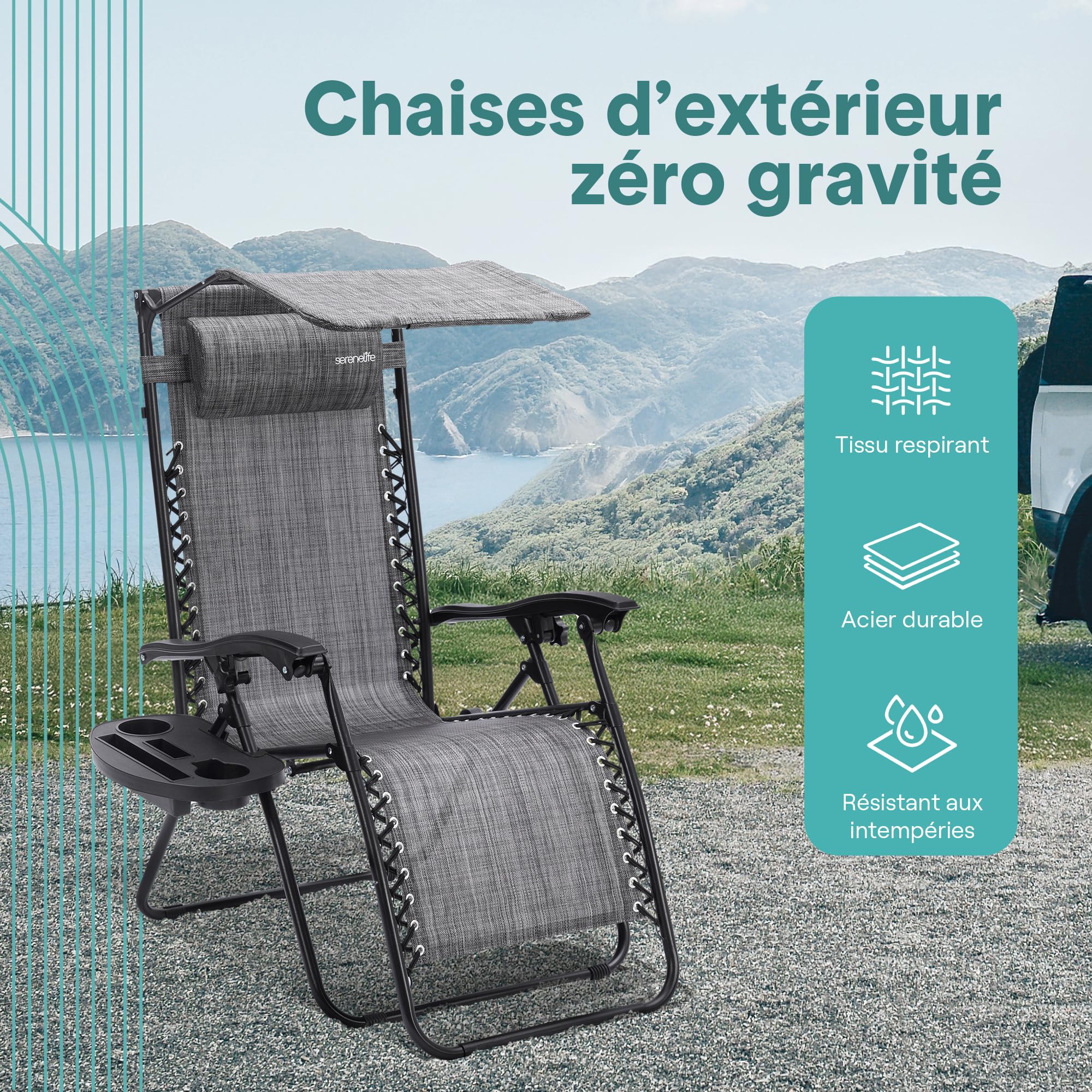 SereneLife Set de 2 Chaises Pliantes - Chaise Longue Réglable pour Extérieur avec Table Latérale, Visière Pare-Soleil, Porte-Gobelets, Oreillers Amovibles - Patio, Jardin, Plage - Gris
