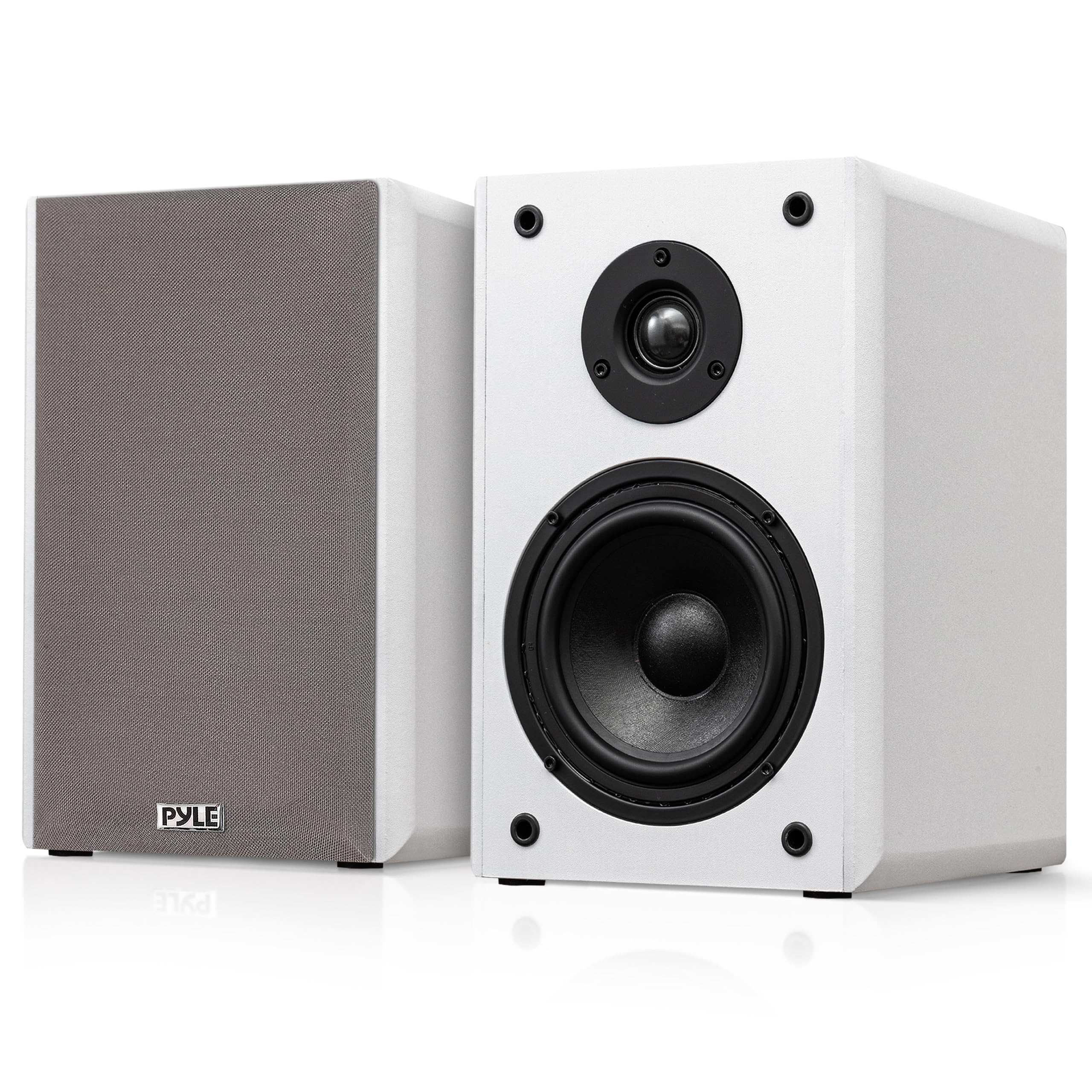 Pyle Paire de Haut-parleurs d'étagère filaires avec Supports de Montage Mural, Home cinéma HiFi bidirectionnel avec cône en Papier, Tweeter à dôme Souple, Design Compact, 29,2 x 19,1 x 24,1 cm, Blanc