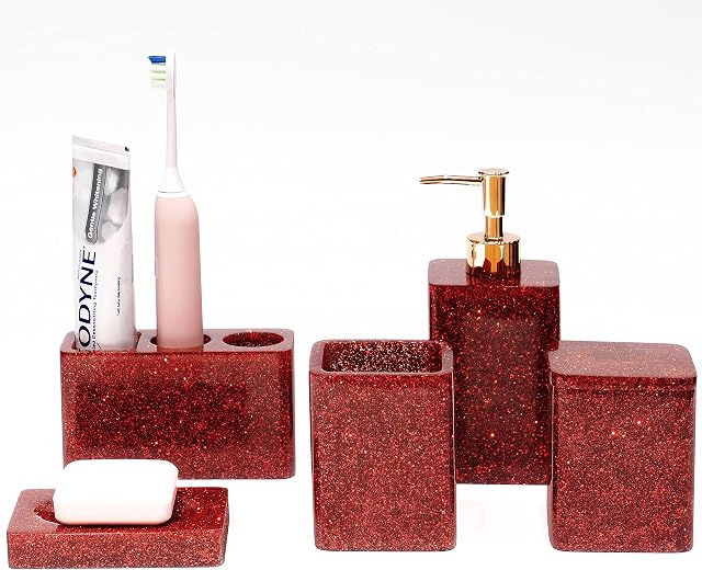 Bling Bathroom Accessory Set 5pcs Includes Soap Dispenser, Toothbrush Holder, Soap Dish, Cotton Holder with Lid, Tumbler, Glitter Resin Bathroom Sink Organizer, Bath Décor Set/Shower Accessories Red