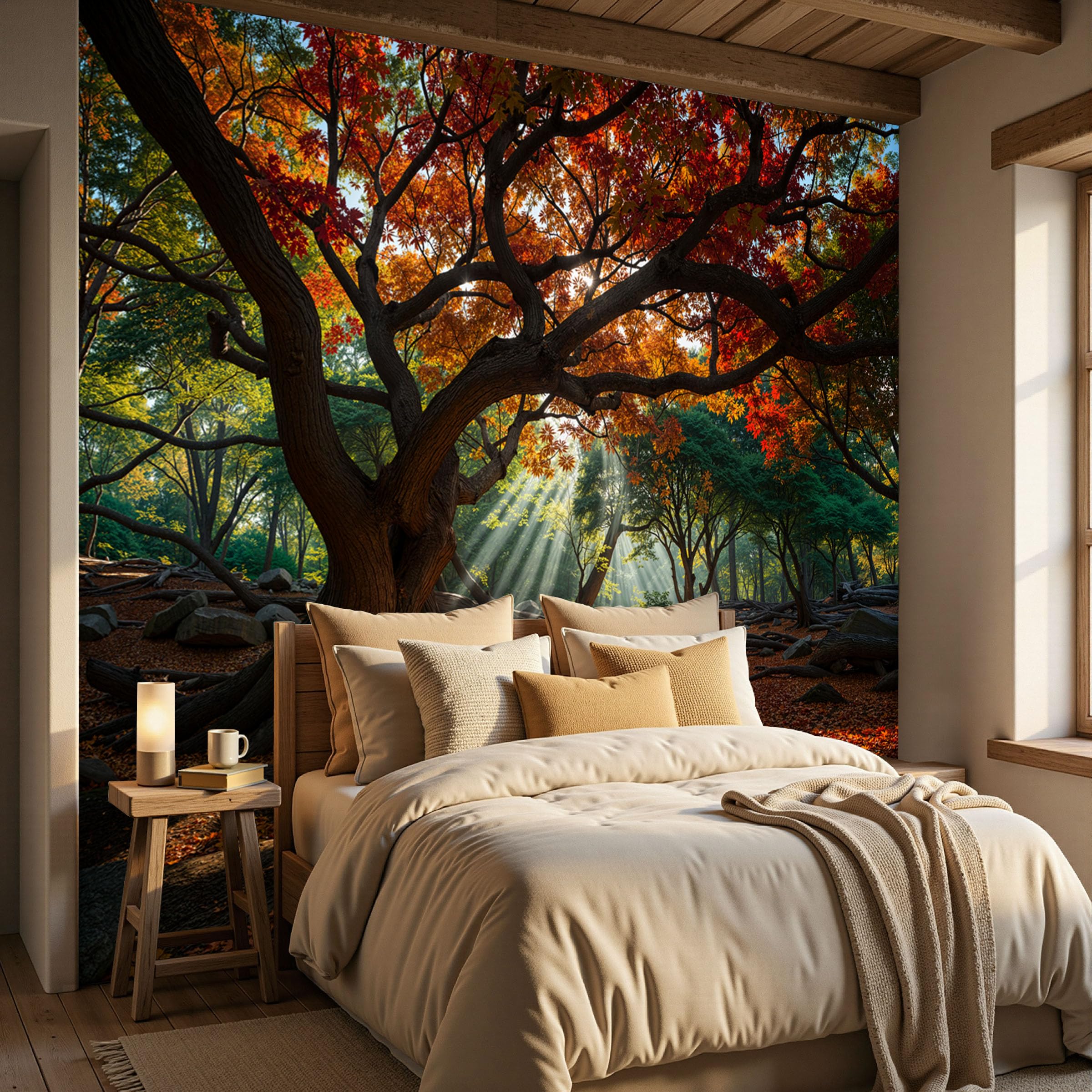 Fotomurales Decorativos Pared 3D, Bosque De Arces Soleados Bosque Otoñal Póster Papel Tapiz Decorativos Murales Impresión HD Ecológica Foto Artísticos Sofá Pintura, 200Anx140Al cm