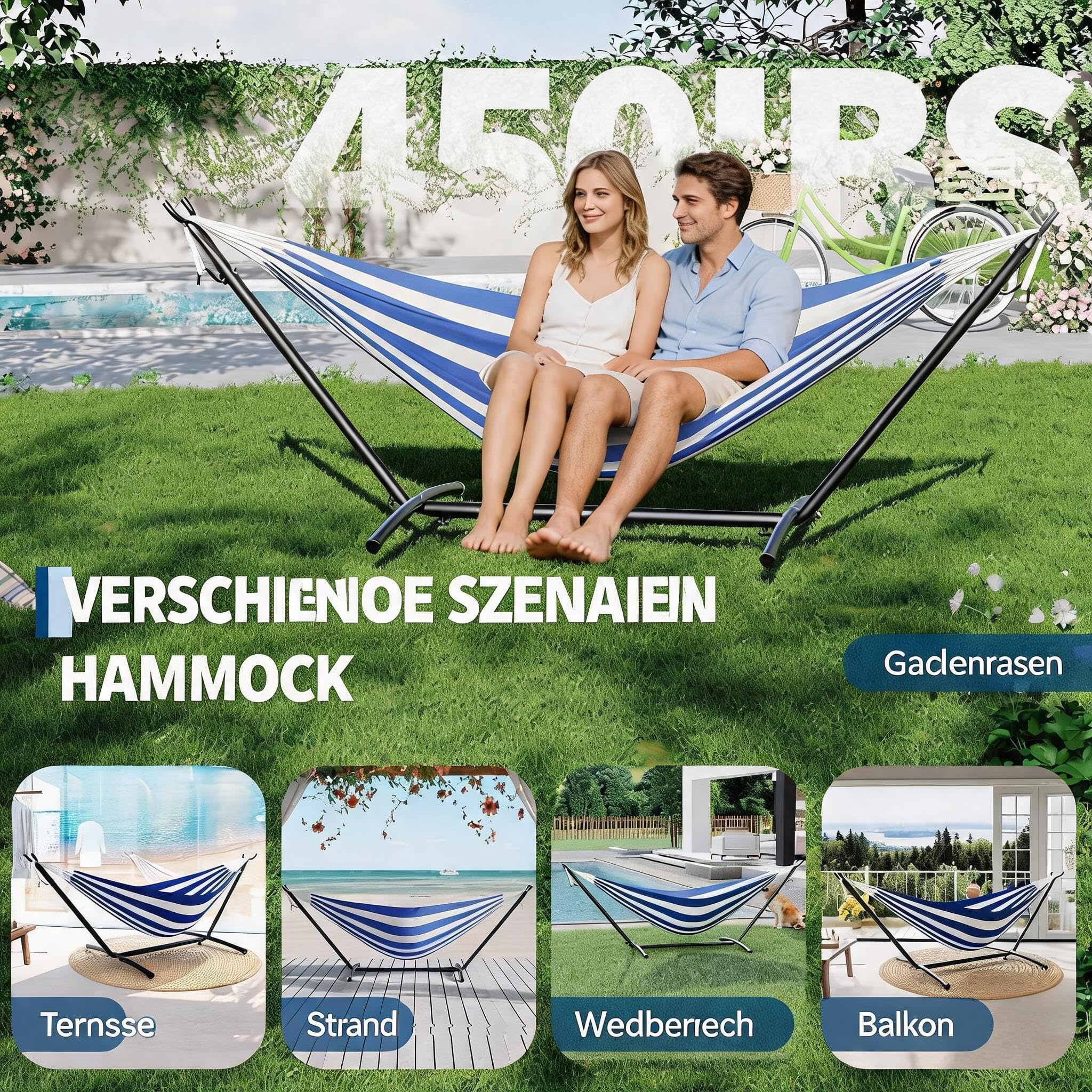 Hängematte mit Gestell für 2 Personen, 226kg Belastbarkeit, Blau-Weiß