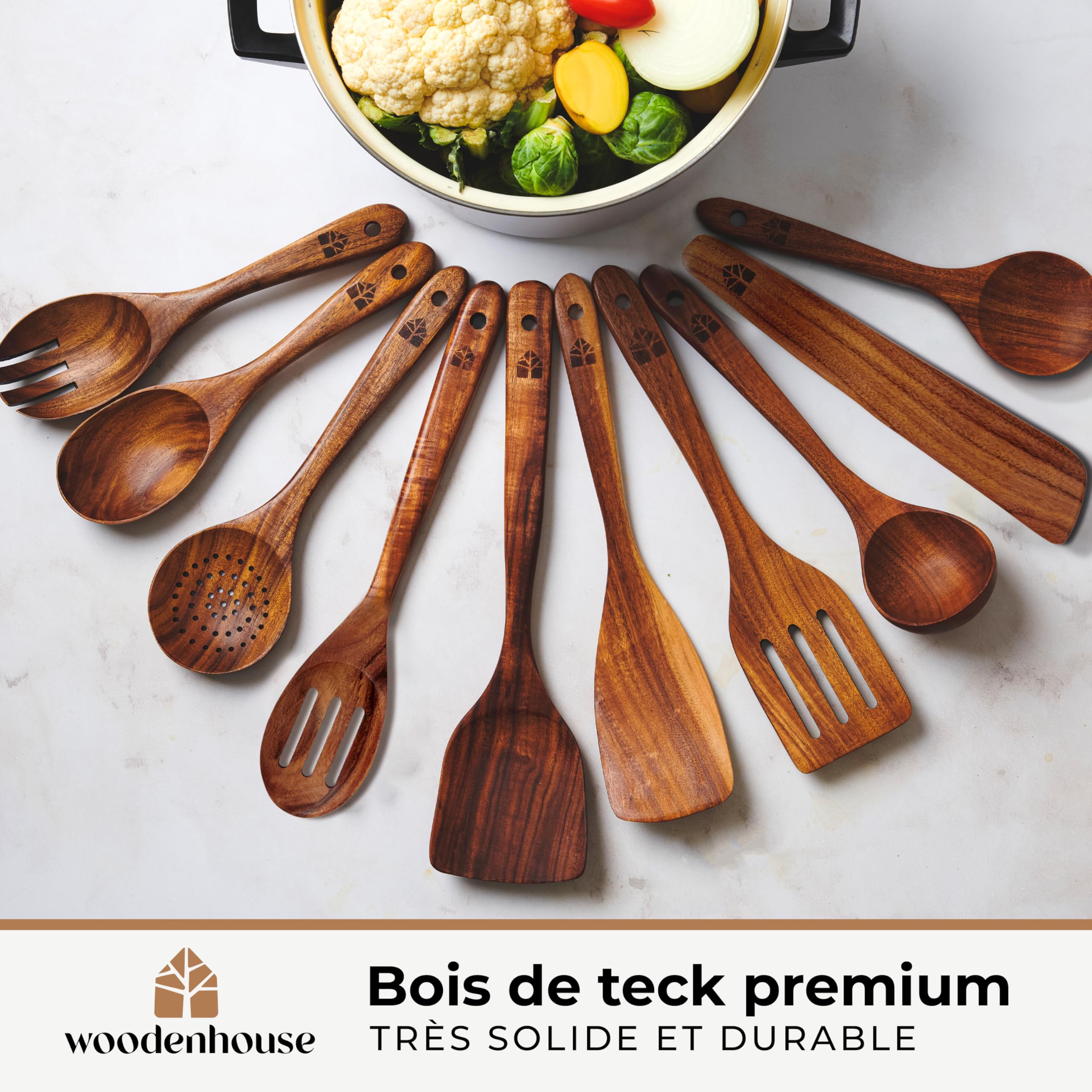 Ustensiles de Cuisine Bois – Ensemble Premium en Teck 22 Pièces avec Cuillère en Bois, Spatule, Crochet, Pot à Ustensiles et Repose-Cuillère – Résistants à la Chaleur, Anti-Rayures, Faciles à Nettoyer