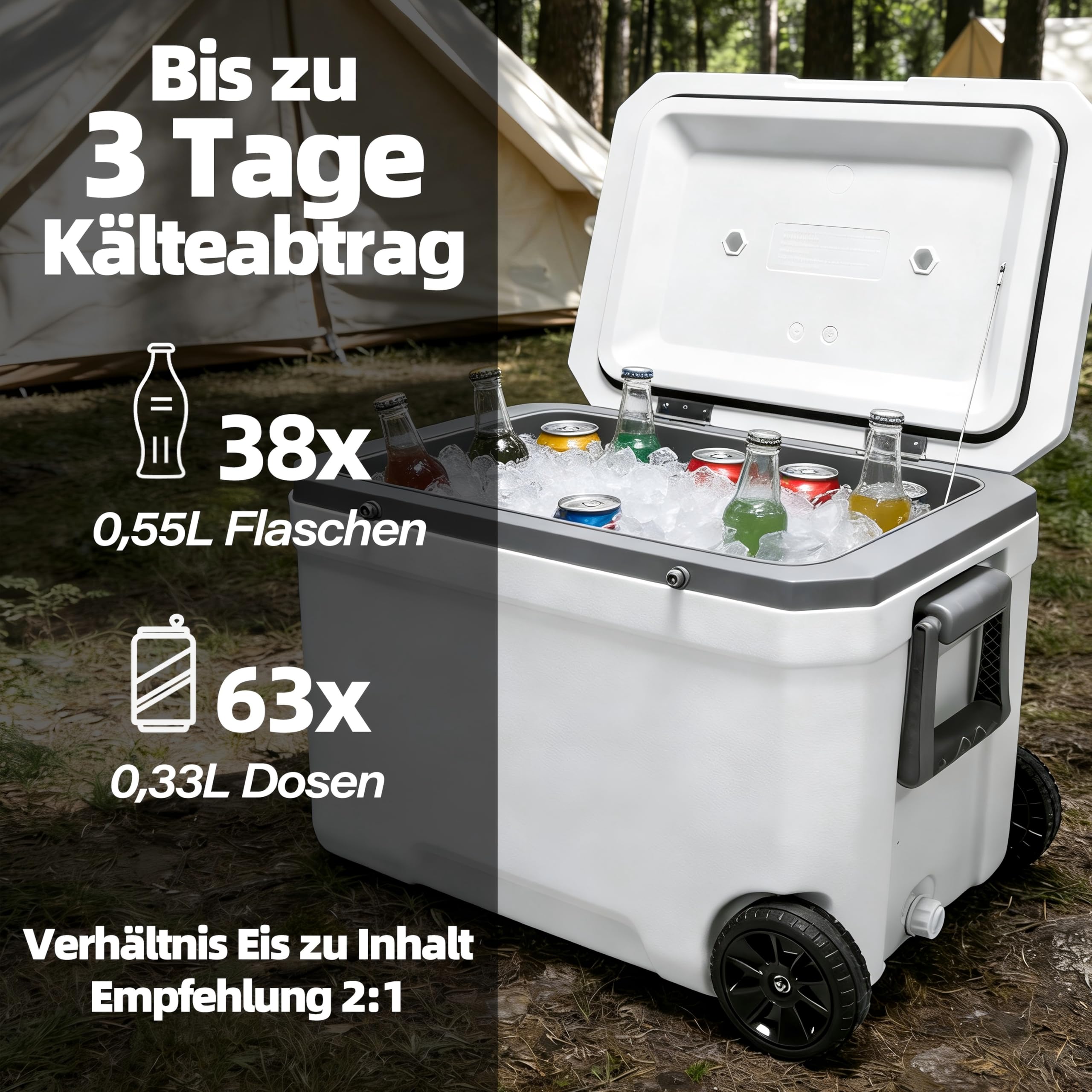 WISD Glacière de 45 l avec roulettes - Fermetures en métal - Peut contenir jusqu'à 4 jours (96 h) - Récipient isotherme pour camping, pique-nique et extérieur
