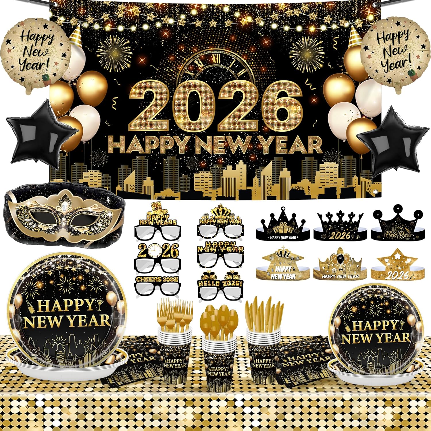 KatchOn, Huge New Years Eve Party Supplies 2026 - Pack of 231 | Wall Banner, Plates, Napkins, Tablecloth, Hats, Table Cover & Balloons For Happy New Year Decorations | New Years Eve Decorations 2026