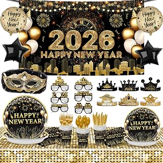 KatchOn New Years Eve Party Supplies 2026, Pack of 231 | Wall Banner, Plates, Napkins, Tablecloth, Hats, Table Cover & Balloons For Happy New Year Decorations