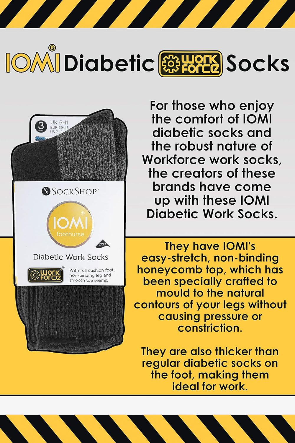 IOMI - 3 Pack Mens Extra Wide Loose Top Cushioned Cotton Diabetic Work Socks (7-12 us, Black (Work))