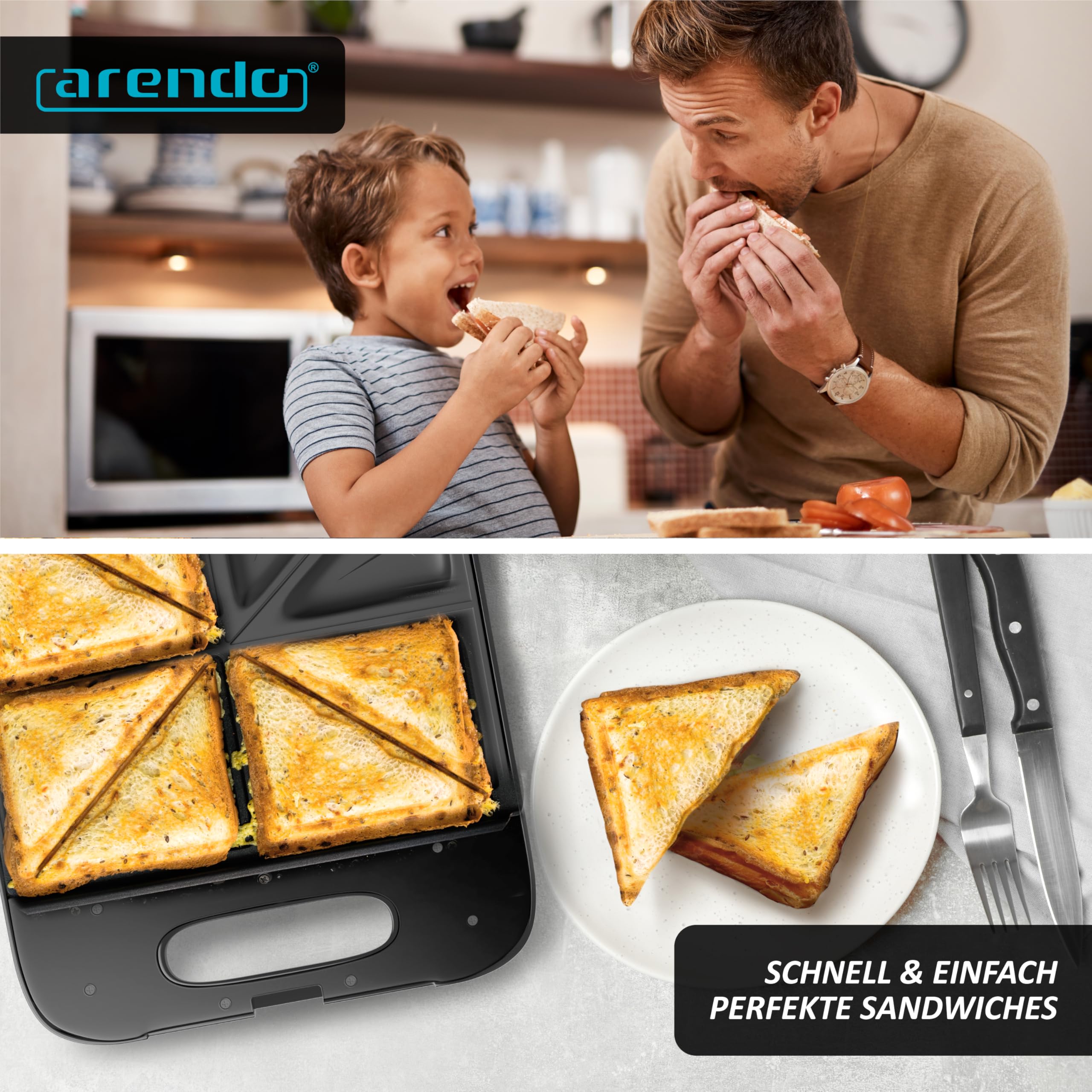 Arendo - Sandwichmaker XXL – für 4 Sandwiches – 1400 W – Sandwichtoaster mit Antihaftbeschichtung – Schnellaufheizung – automatische Temperaturregelung – integrierte Kabelaufwicklung – rutschfeste Füß