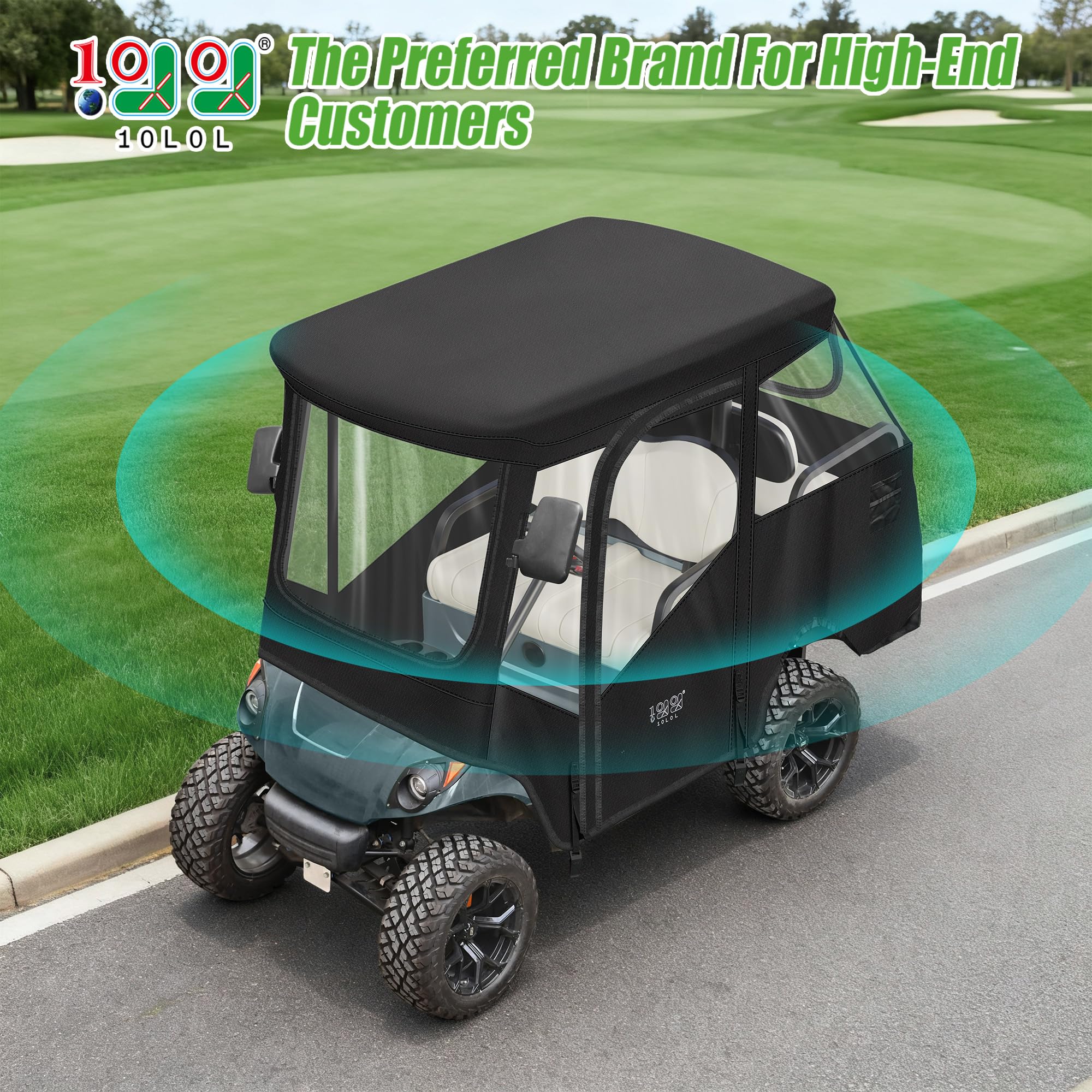 10L0L Obudowa wózka golfowego dla 4 pasażerów pasuje do Yamaha G29 Drive and Drive 2, 600D Heavy Duty 4-osobowa osłona przeciwdeszczowa Yamaha z przezroczystą przednią szybą PCV, wodoodporna tkanina