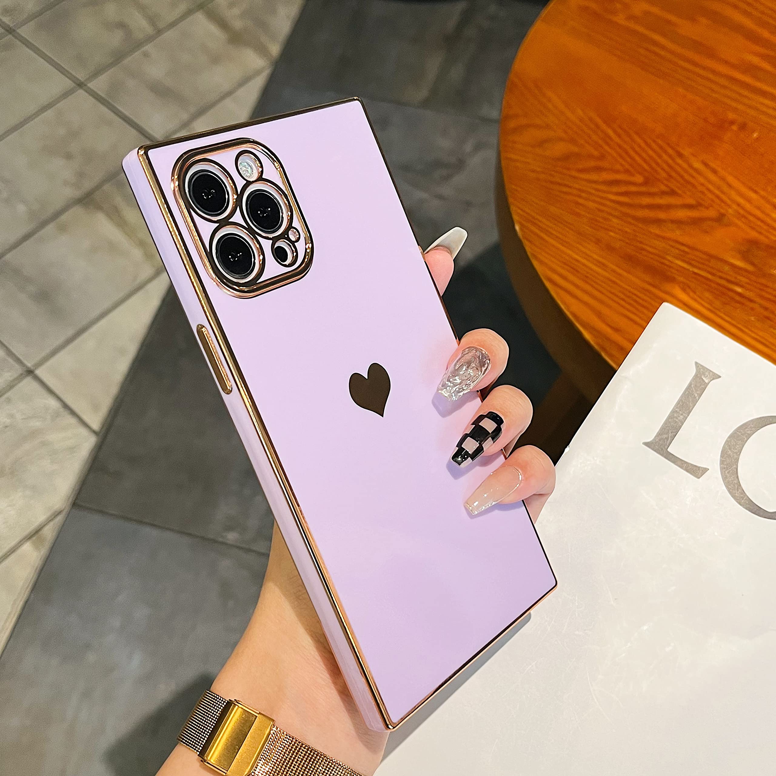 ZTOFERA Soft TPU Case for iPhone 12 Pro Max, Square Heart Pattern Reinforced Corners Electroplate Edge Case, Full Camera Lens Protective Shockproof Bumper Cover for iPhone 12 Pro Max 6.7 inch - Purple