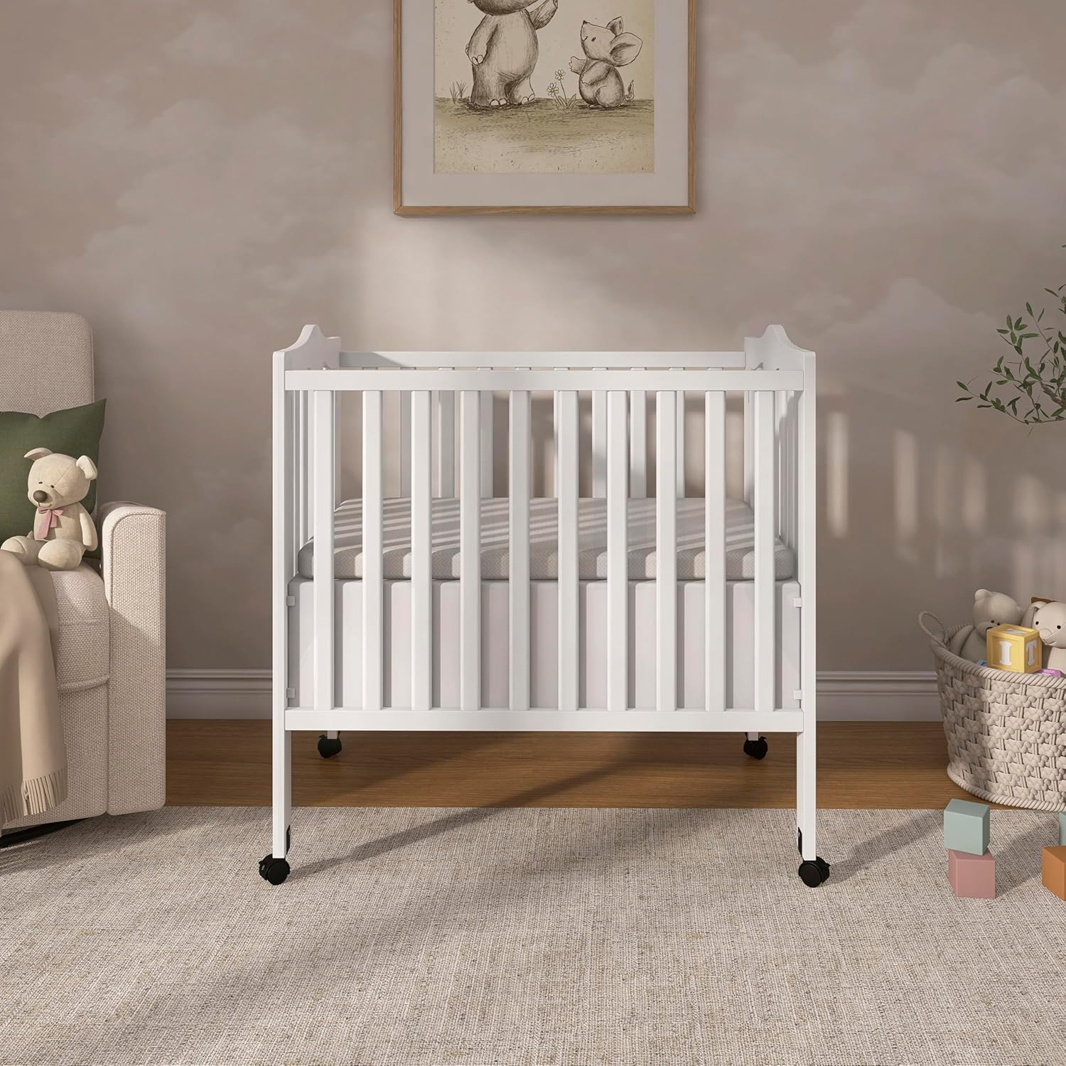 Dream On Me 2-In-1 Lightweight Folding Portable Stationary Side Crib In White, Greenguard Gold Certified, Baby Crib To Playpen, Folds Flat For Storage, Locking Wheels