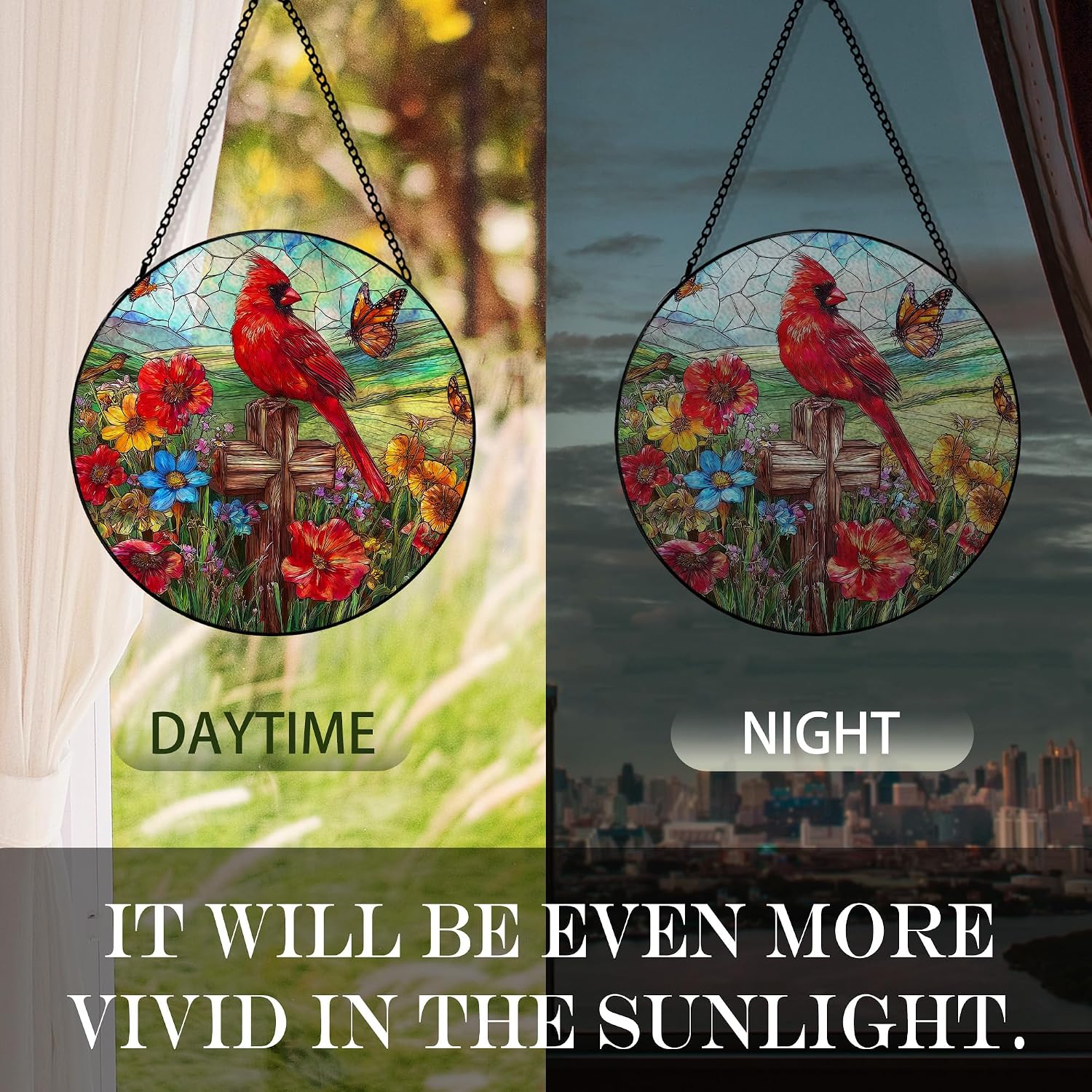 Red Cardinal Cross Flower Suncatcher Stained Glass Window Hanging, Bird Sun Catchers Indoor Window Glass Round Wall Decor, Cottagecore Flower Bird Wall Art Hanging Decorations, 7.8＂x7.8＂