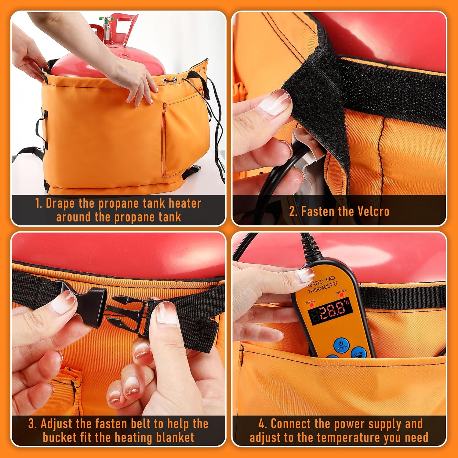 2 Pack Propane Tank Heater Blanket Gas LP Cylinder Tank Heater with Thermostat Controller Adjustment 41-122 °F and Timer Function, Propane Buckets Warmer Blanket Fit for 5-40LB Tanks (Orange)