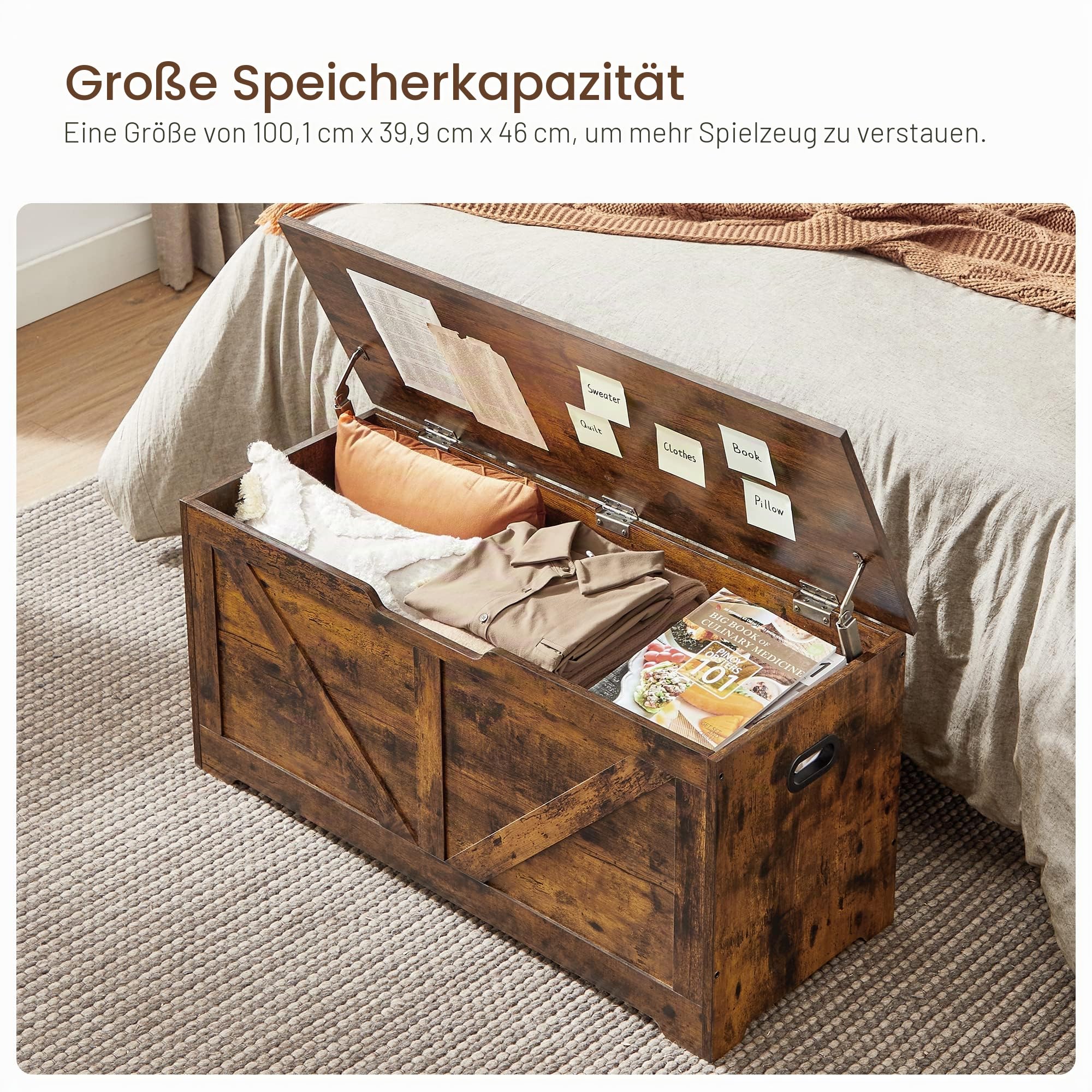 VASAGLE Schuhbank, Sitzbank mit Stauraum, Sitztruhe, 2 Sicherheitsscharniere, Aufbewahrungsschrank, Scheunenstil, 40 x 100 x 46 cm, für Flur, Schlafzimmer, Wohnzimmer, vintagebraun LSB060T01