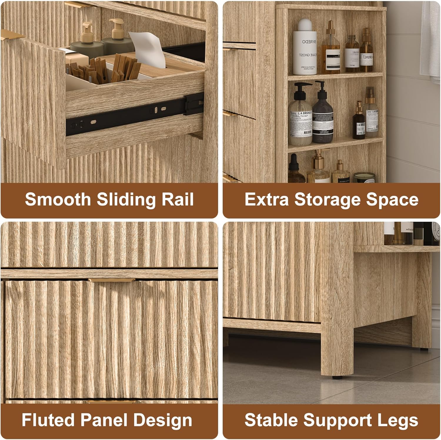 St.Mandyu 48" Fluted Bathroom Vanity with Sink & Faucet Combo, Modern Vanity Cabinet with Door, 3 Drawers and Side Shelves for Guest Apartment (Natural Oak)