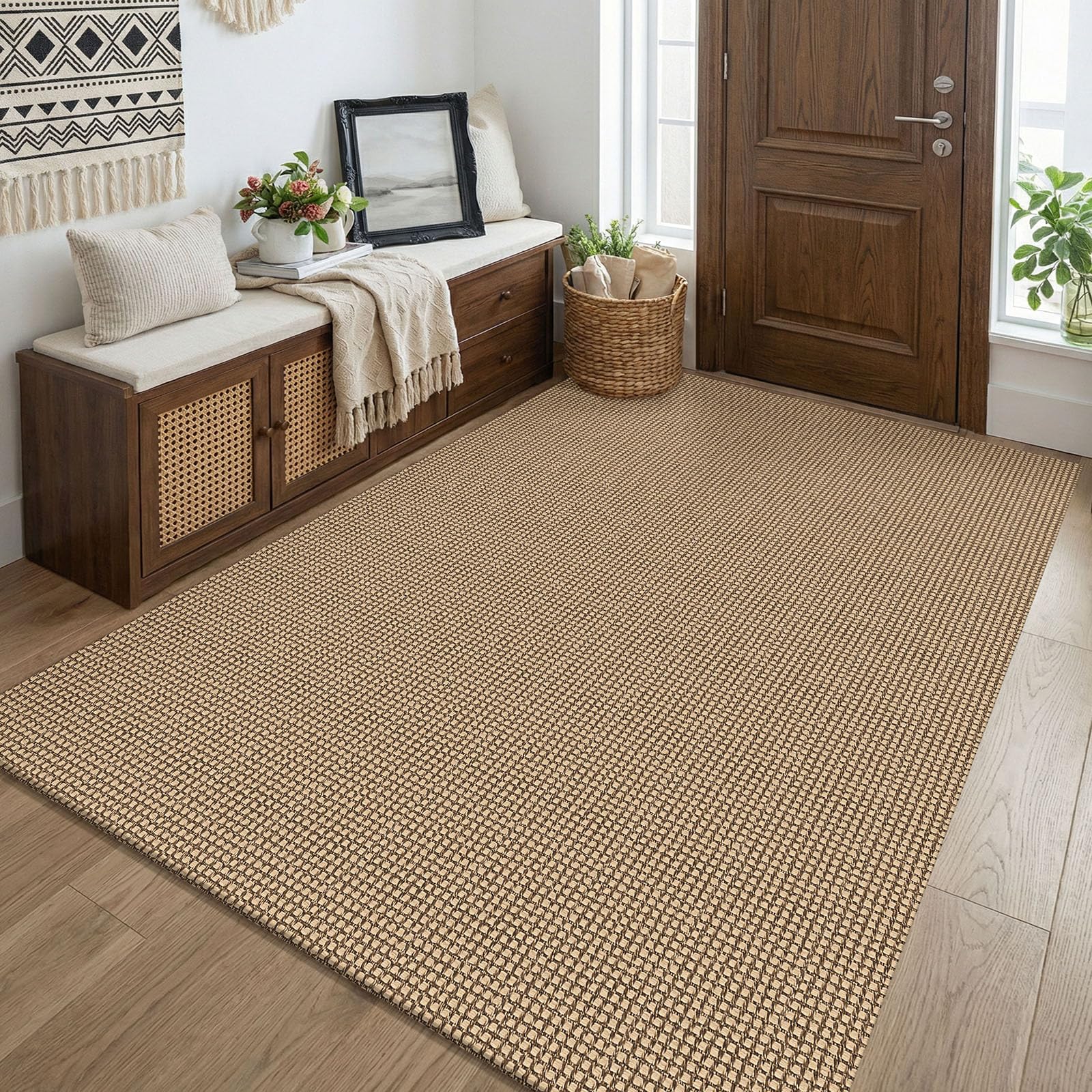 kozyfly boho washable 4x5 entry woven area rug, braided throw rugs for entryway, non slip door mat indoor entrance, farmhouse carpet for foyer, bedroom, dining, office, orange beige/tan/brown