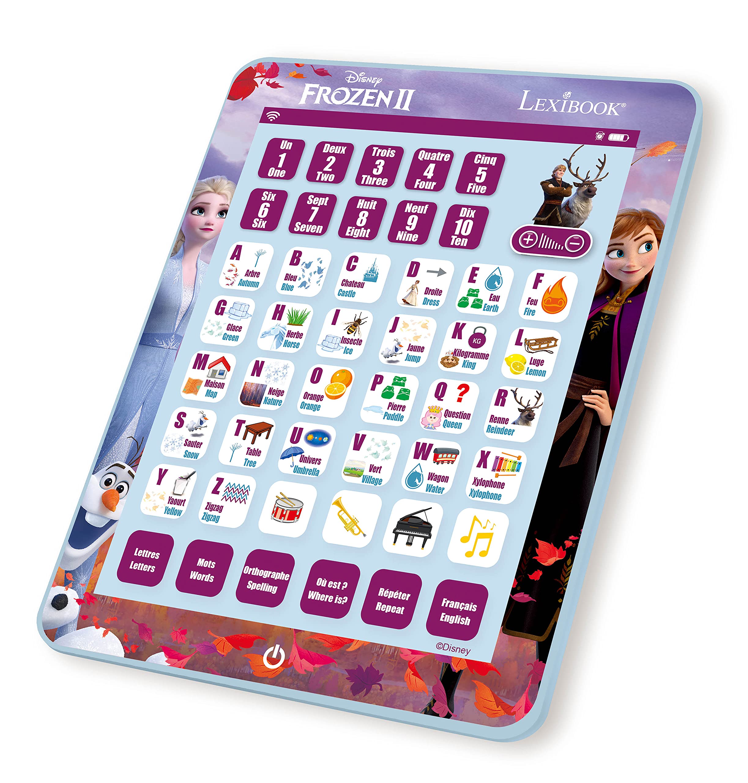 Lexibook, Kraina Lodu, Edukacyjny Dwujęzyczny Tablet do Nauki, Nauka Liter, Cyfr Słów Pisowni i Muzyki, Angielski, Francuski, Fioletowy, JCPAD002FZi1