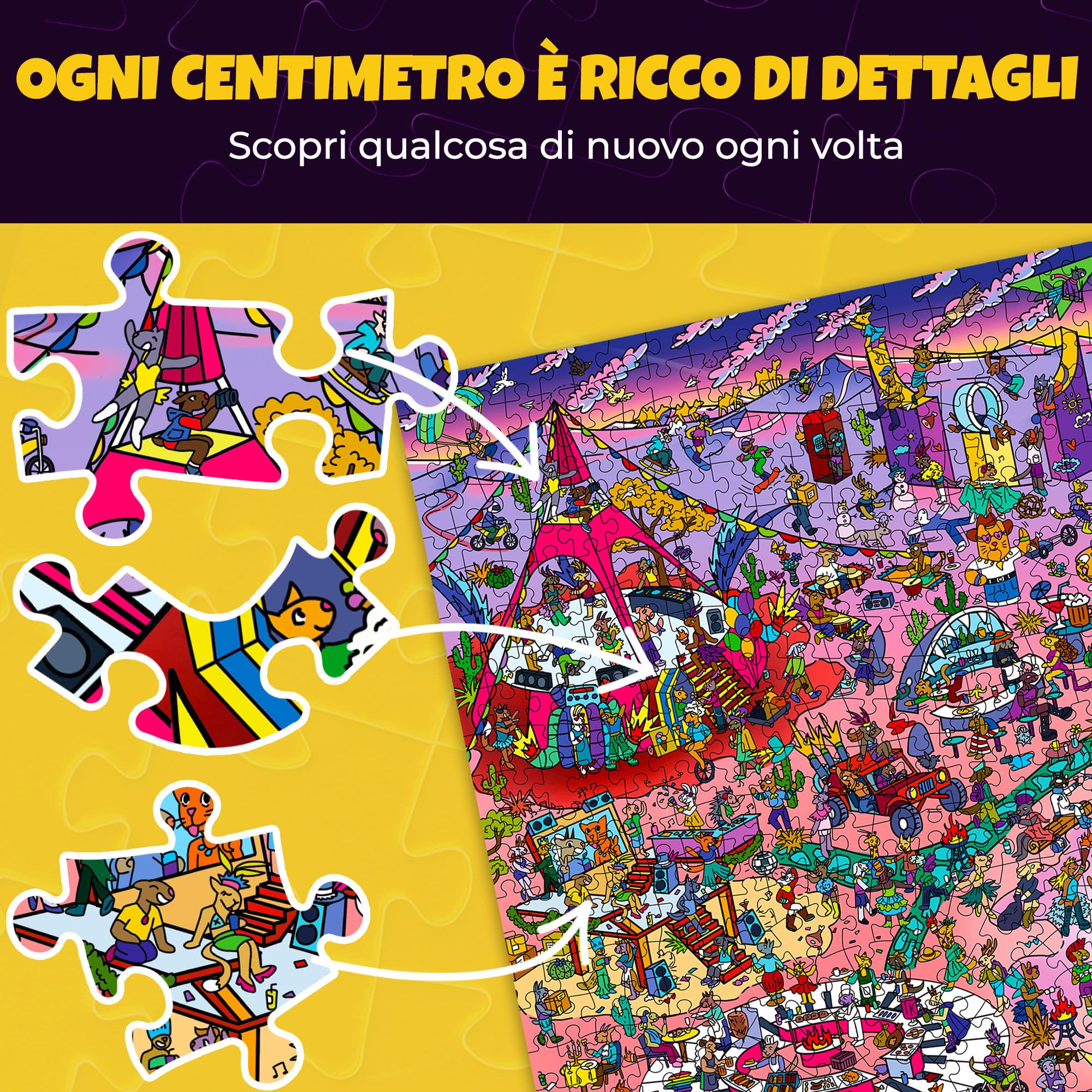 Puzzle da 1000 pezzi per adulti – Puzzle per adulti da 1000 pezzi | Set da 3 puzzle in confezione premium – Desert Whirl, Galactic Tails, Hotel Wildeluxe – Sfide – Suggestivi scenari con animal