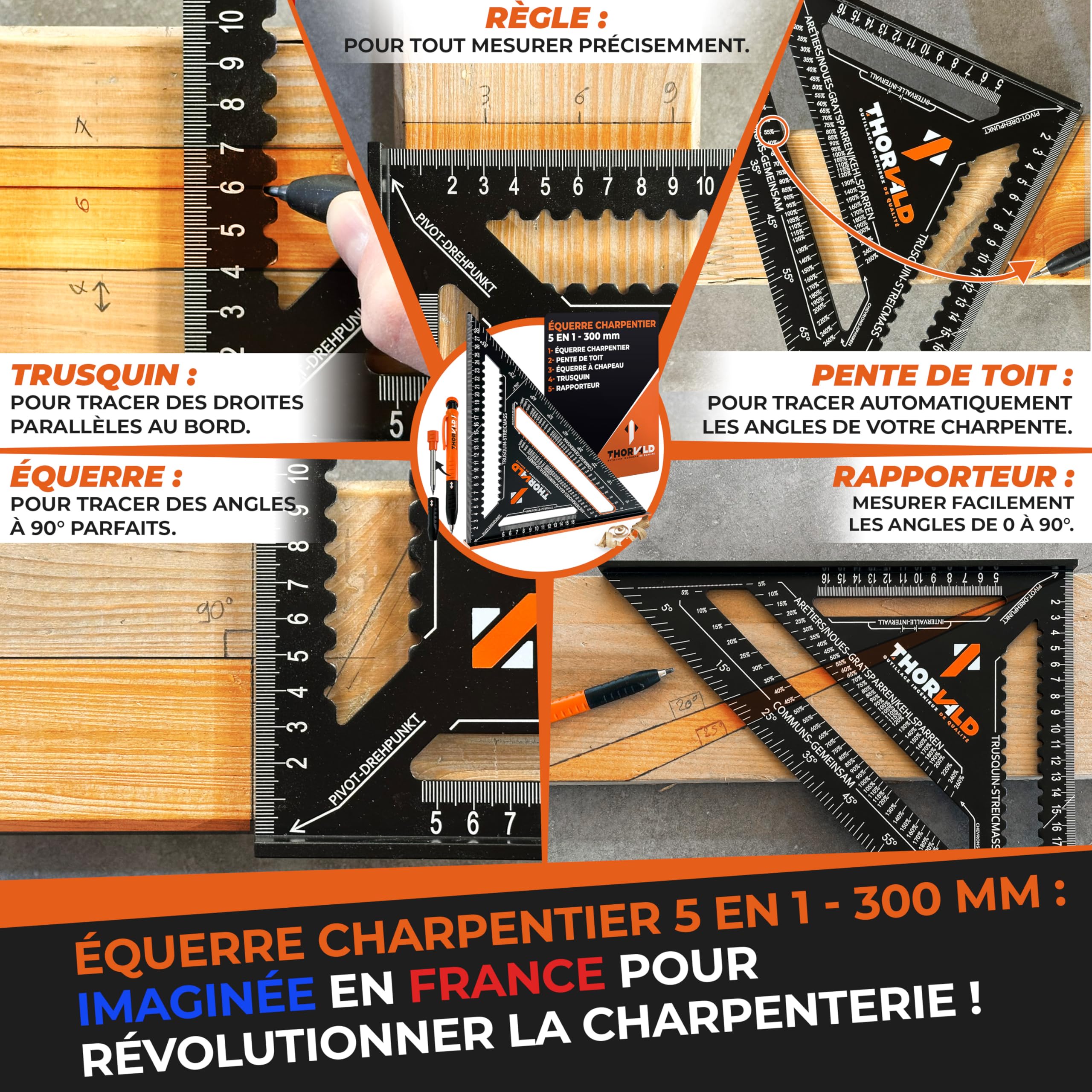 THORVALD Pack 7 en 1 Equerre Menuisier 180 mm + Charpentier 300 mm + Crayon Chantier - Multifonction : Trusquin/Raporteur/Pente de toit/Equerre a chapeau - Aluminium - Outil pour gagner du temps