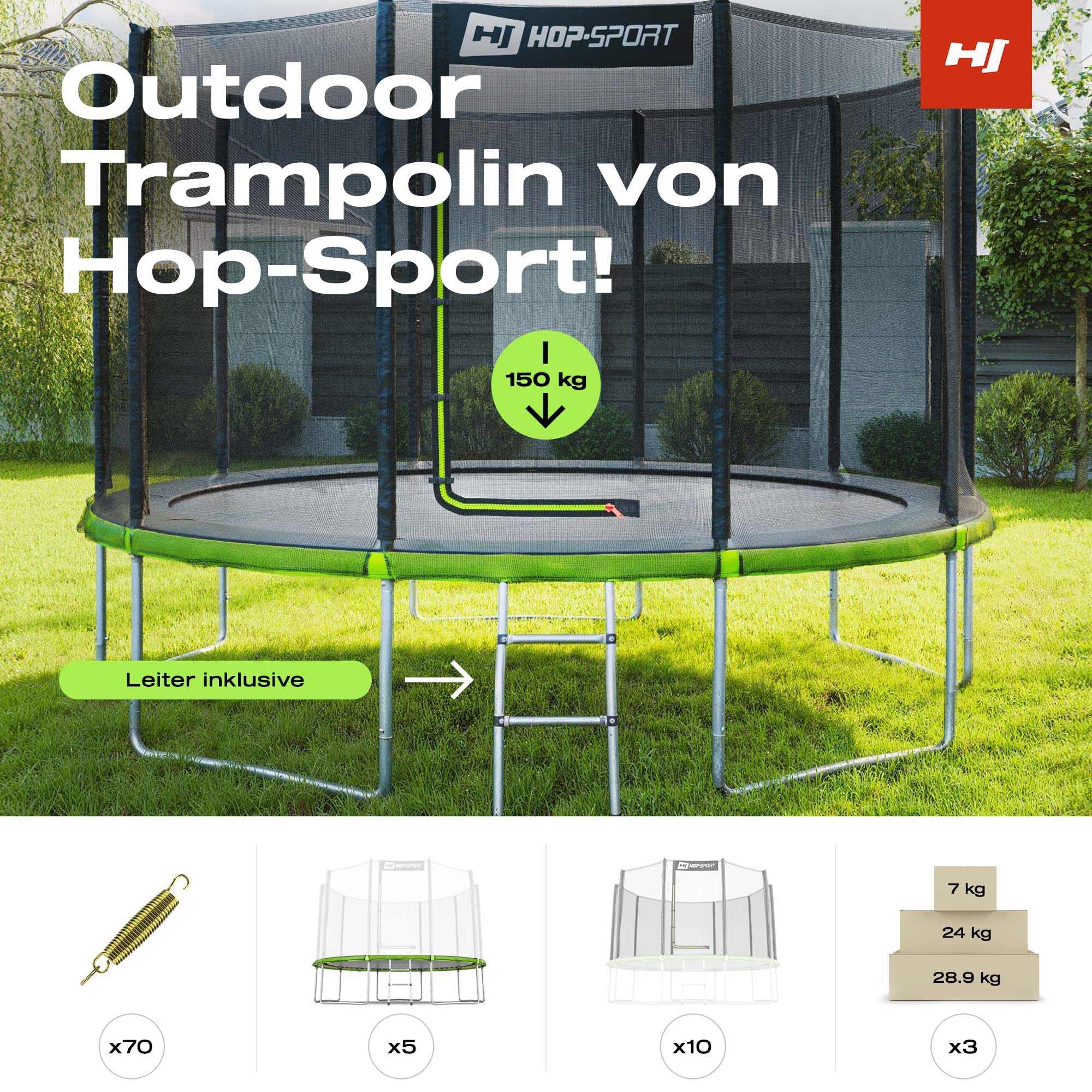 Hop-Sport Trampolin Outdoor - Ø 244/305/366/427/488 cm - Trampolin mit außenliegenden Sicherheitsnetz, Stabiler Rahmenkonstruktion & Sicherheitszertifikaten - Komplettset mit Leiter