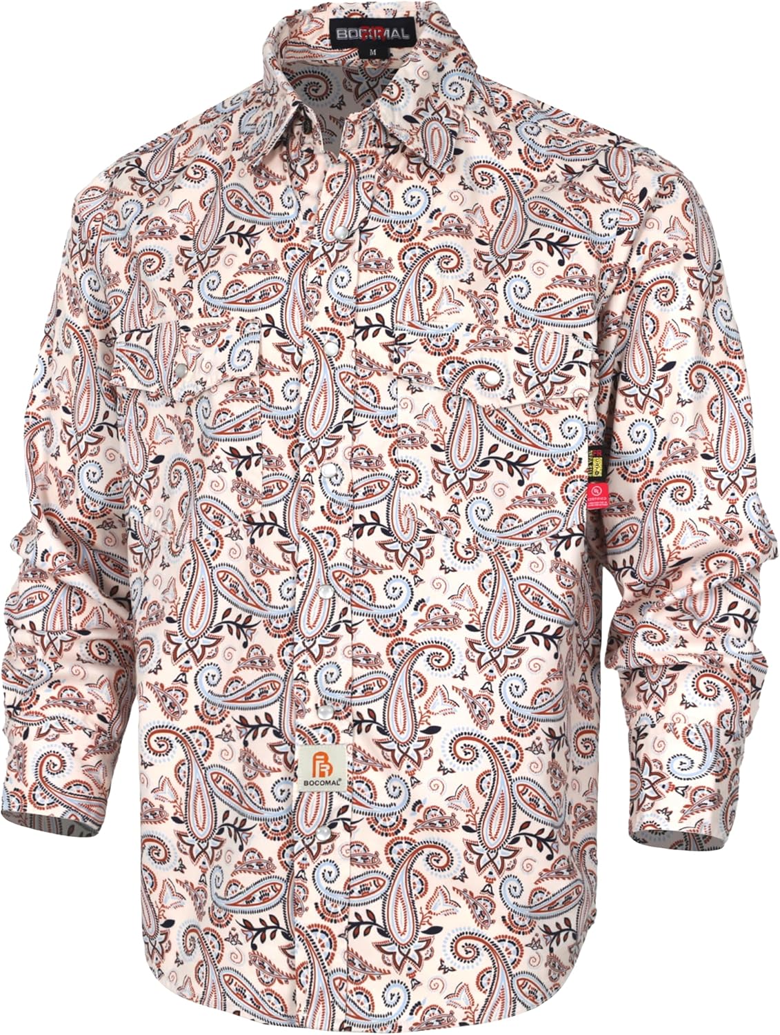 BOCOMAL FR Shirts Printed Paisley/Hawaii Lightweight Pearl Snaps/Button Down Flame Resistant NFPA2112 CAT2 Work Shirt